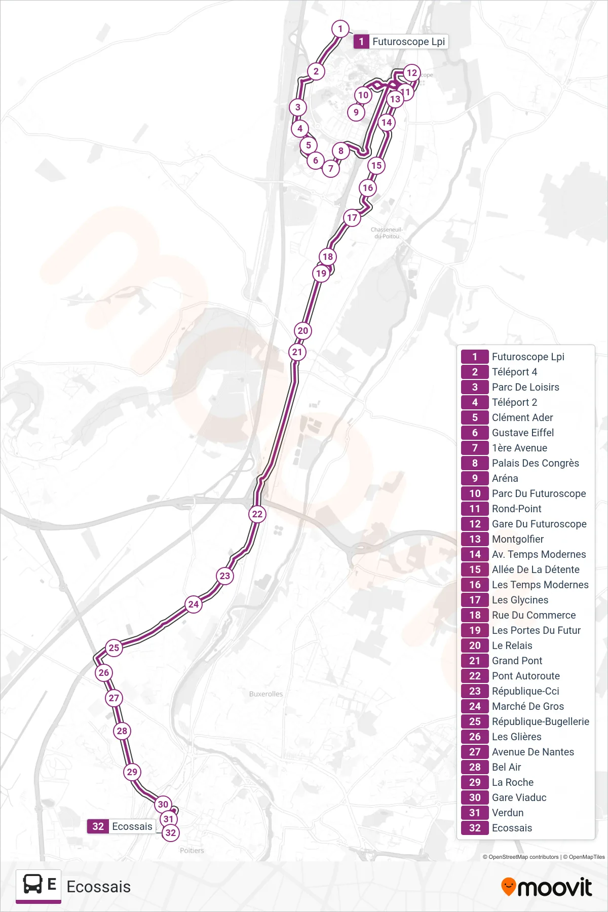 E bus Line (Ecossais) route and stops on a map