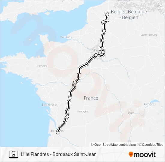 LILLE FLANDRES - BORDEAUX SAINT-JEAN Train Line Map
