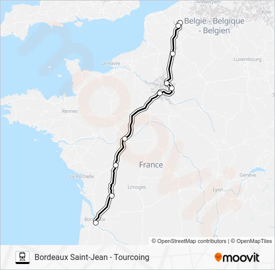 BORDEAUX SAINT-JEAN - TOURCOING Train Line Map