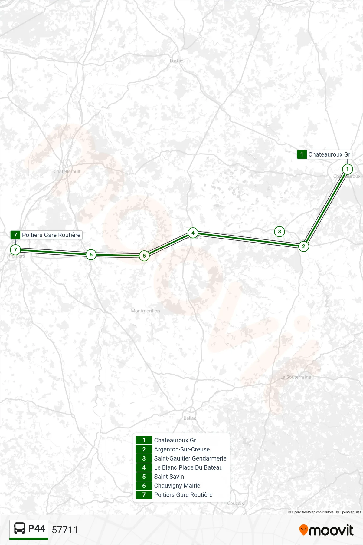 P44 bus Line (57711) route and stops on a map