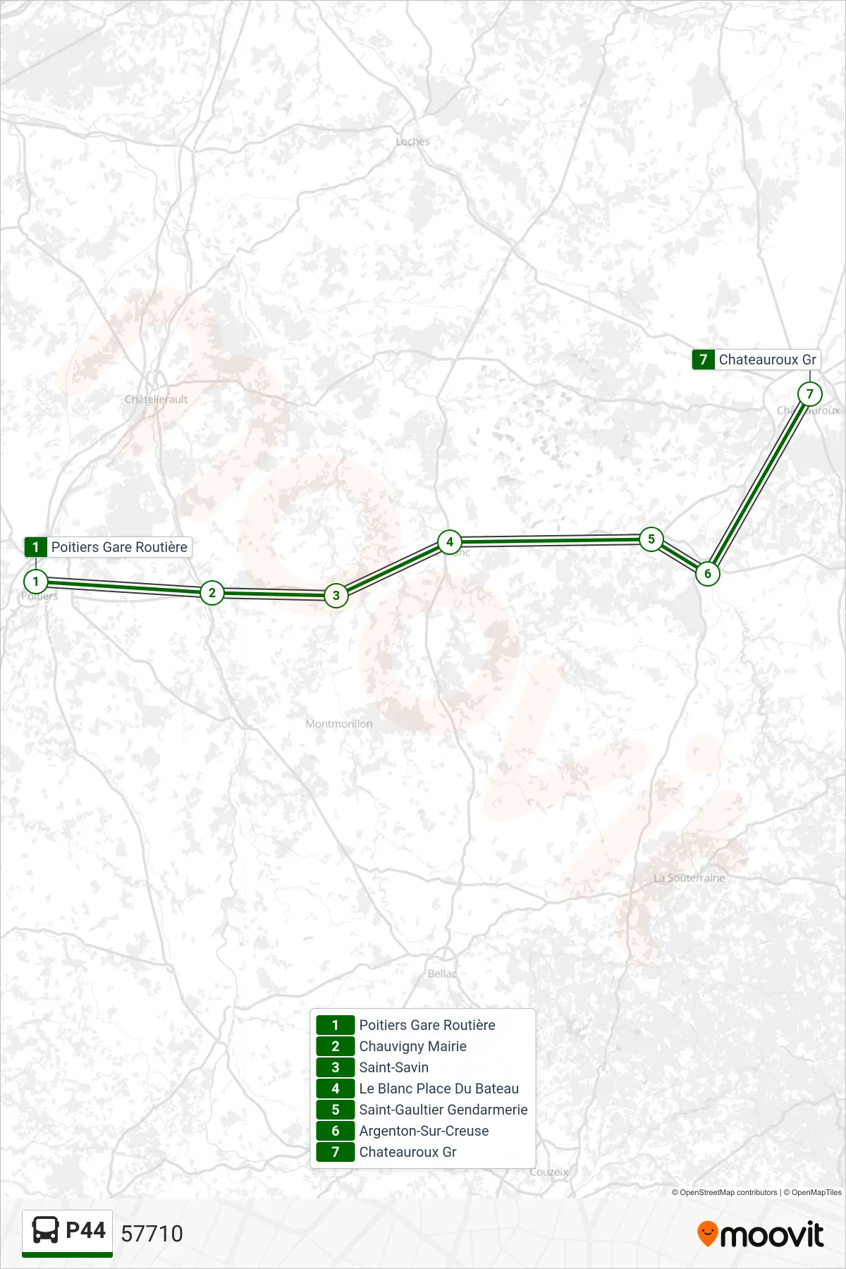 P44 bus Line (57710) route and stops on a map