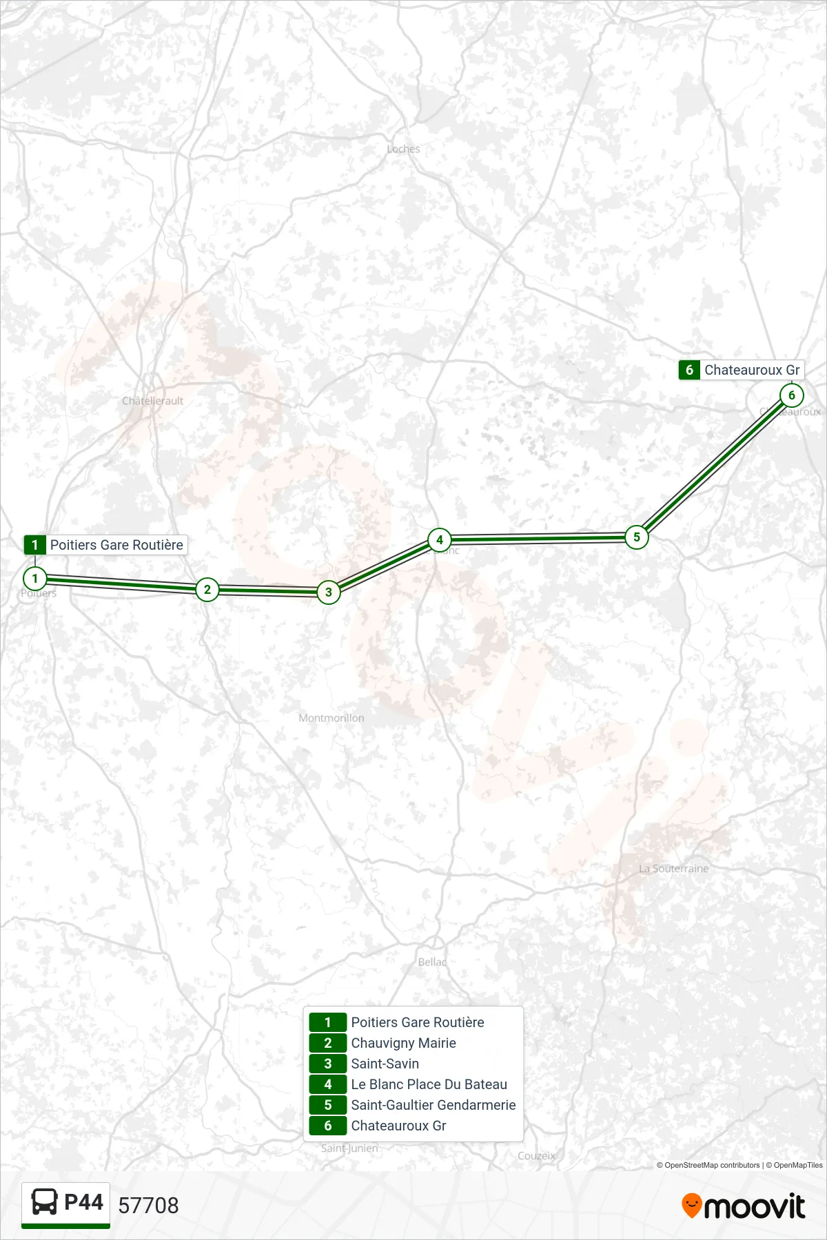 P44 bus Line (57708) route and stops on a map