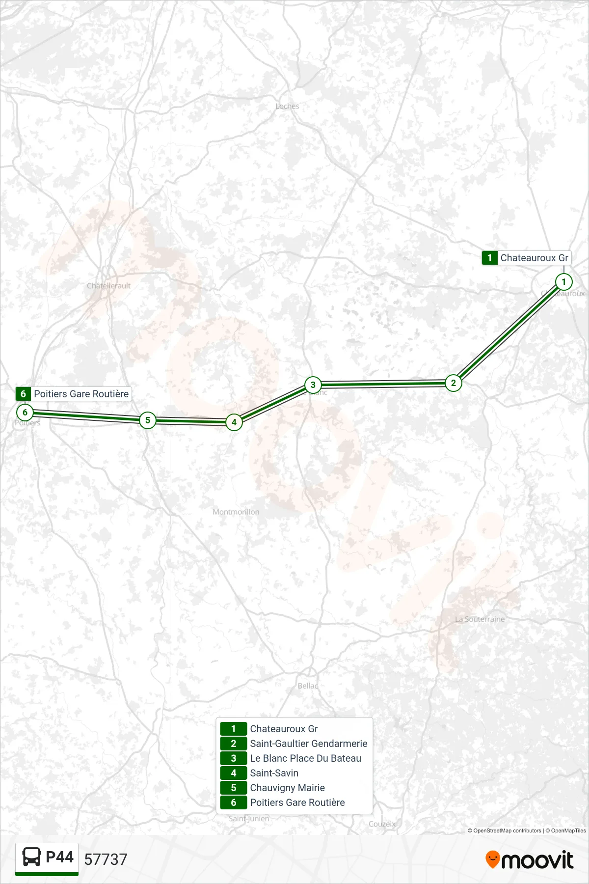 P44 bus Line (57737) route and stops on a map