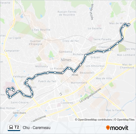 Plan de la ligne T2 de bus