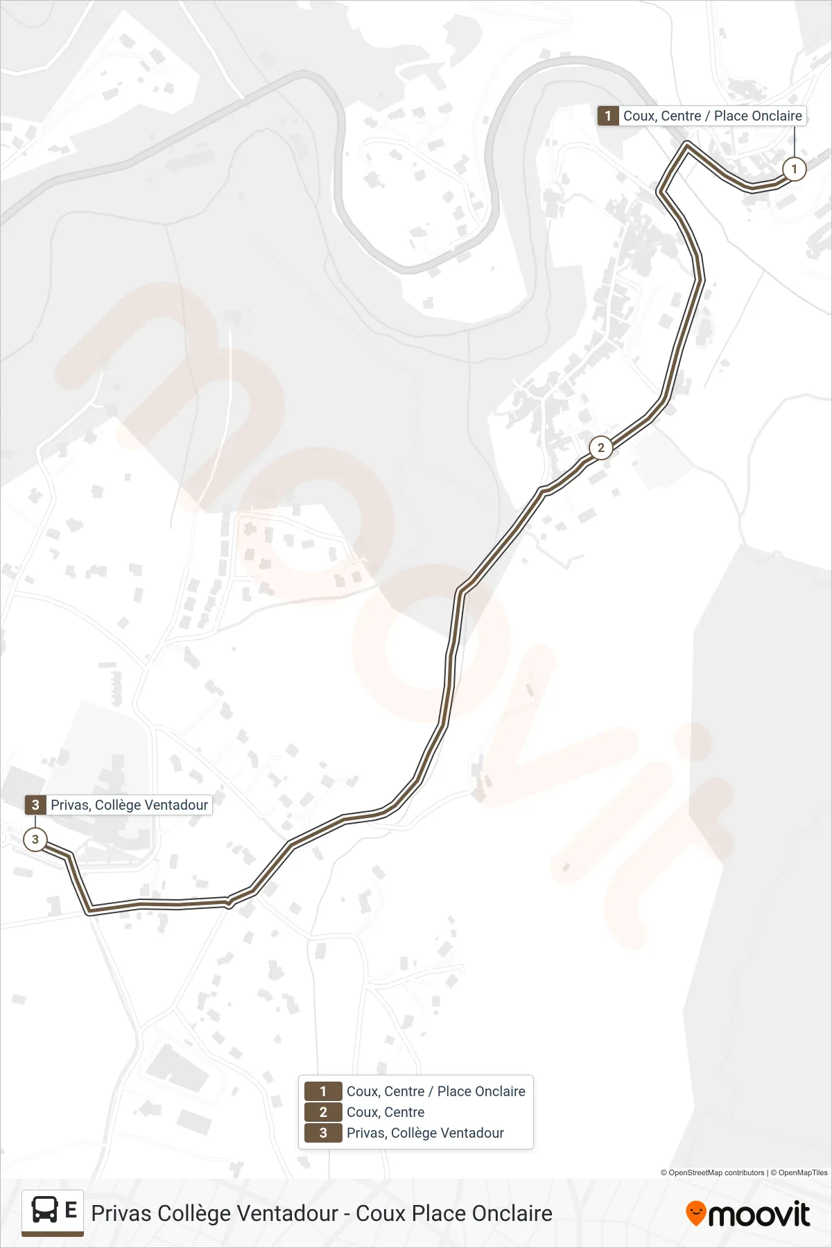 E bus Line (Privas Collège Ventadour) route and stops on a map