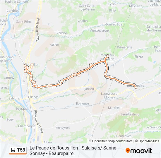 Plan de la ligne T53 de bus