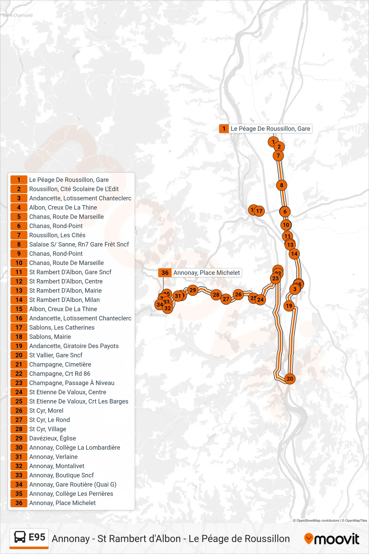 E95 bus Line (Annonay Michelet) route and stops on a map