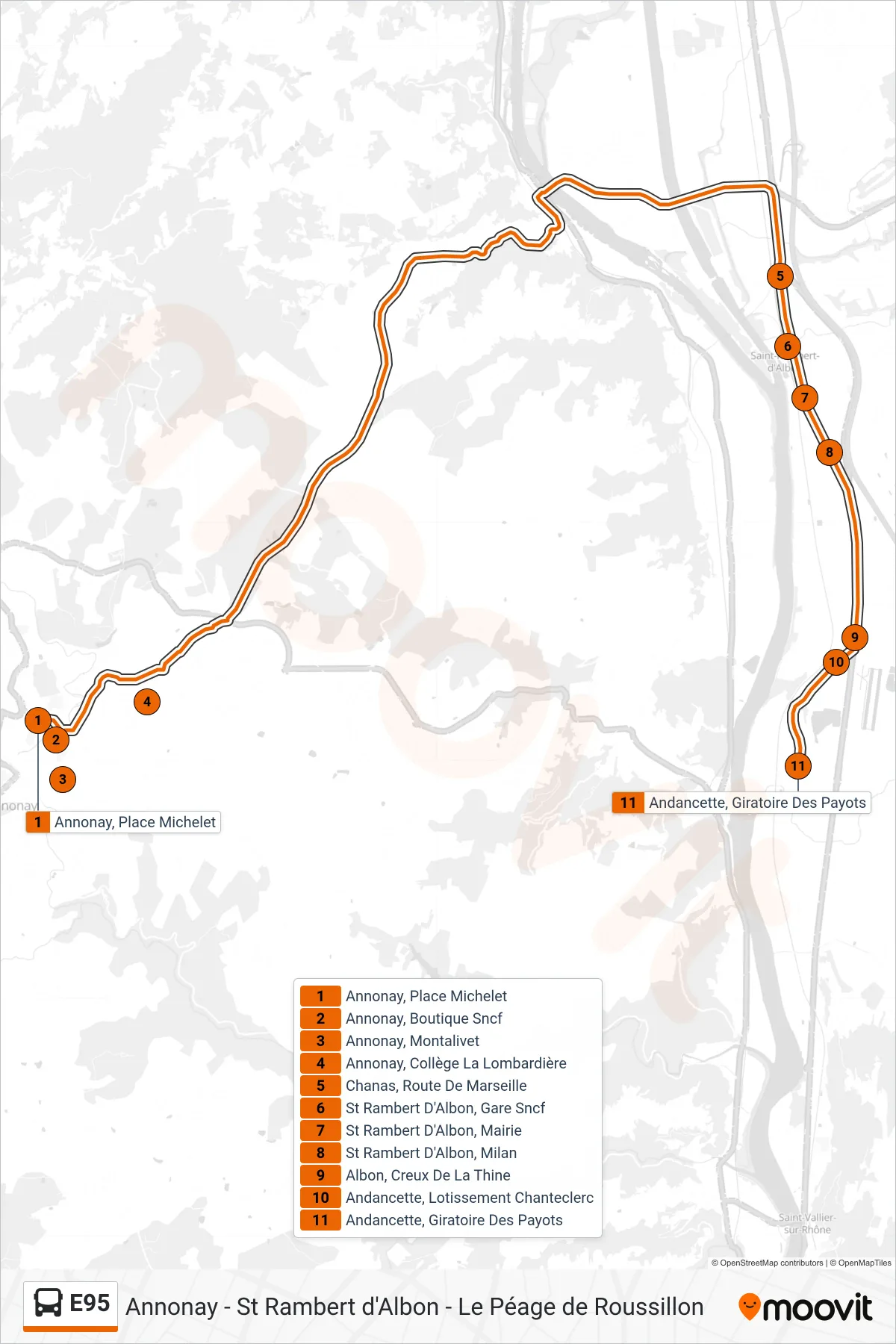 E95 bus Line (Andancette Giratoire Des Payots) route and stops on a map