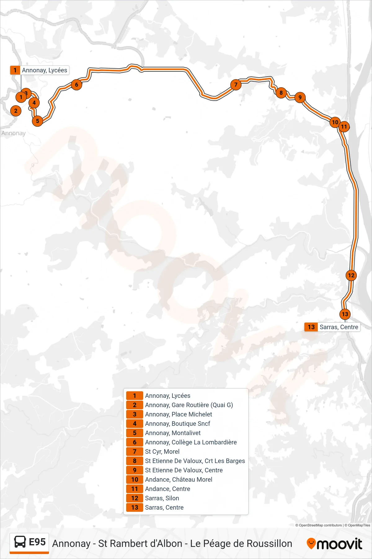 E95 bus Line (Sarras Centre) route and stops on a map