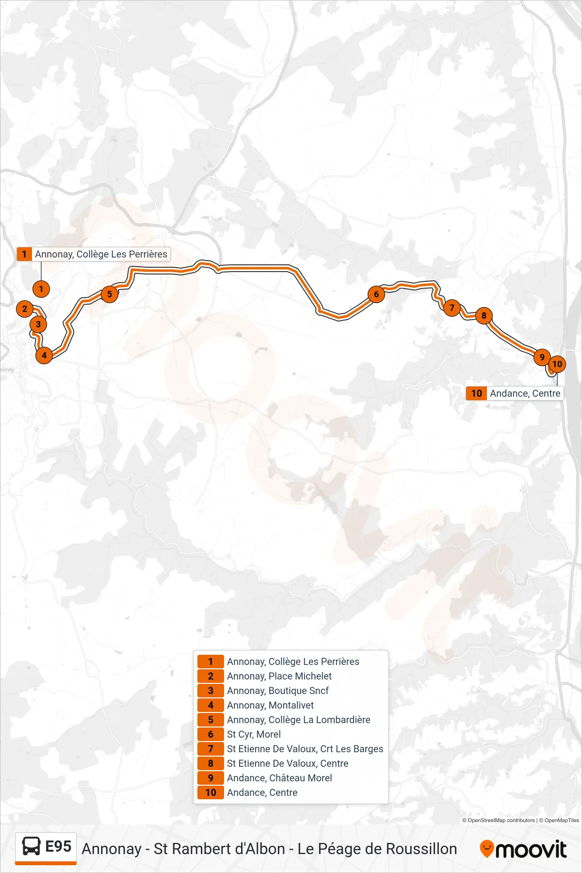 E95 bus Line (Andance Centre) route and stops on a map