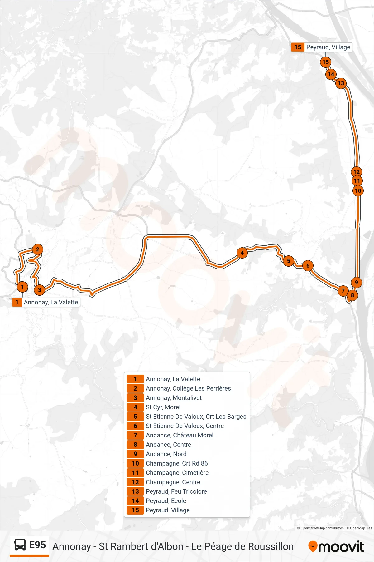 E95 bus Line (Peyraud Village) route and stops on a map