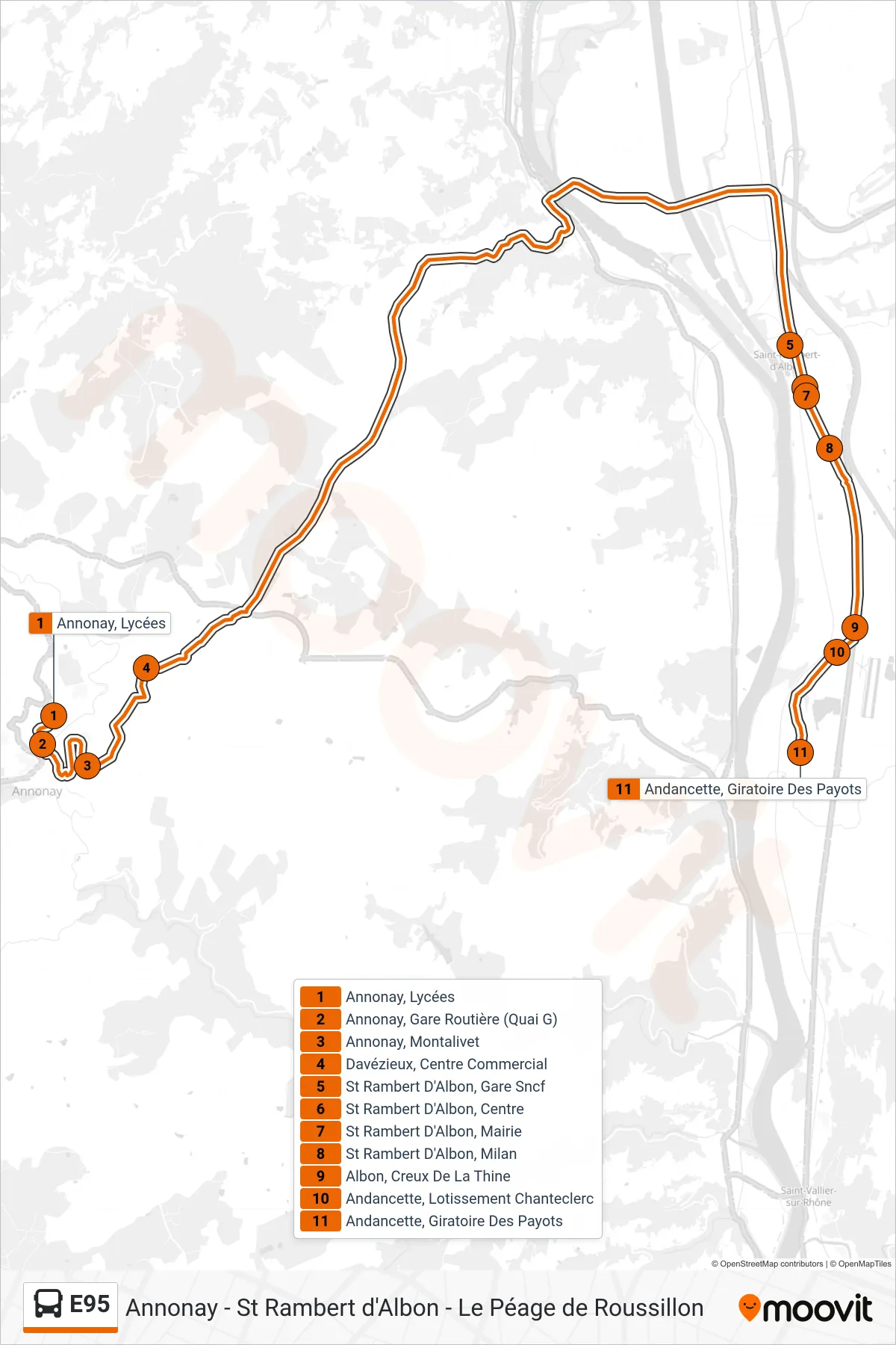 Tracé et arrêts de la ligne E95 de bus (Andancette Giratoire des Payots via St Rambert D'Albon) sur une carte