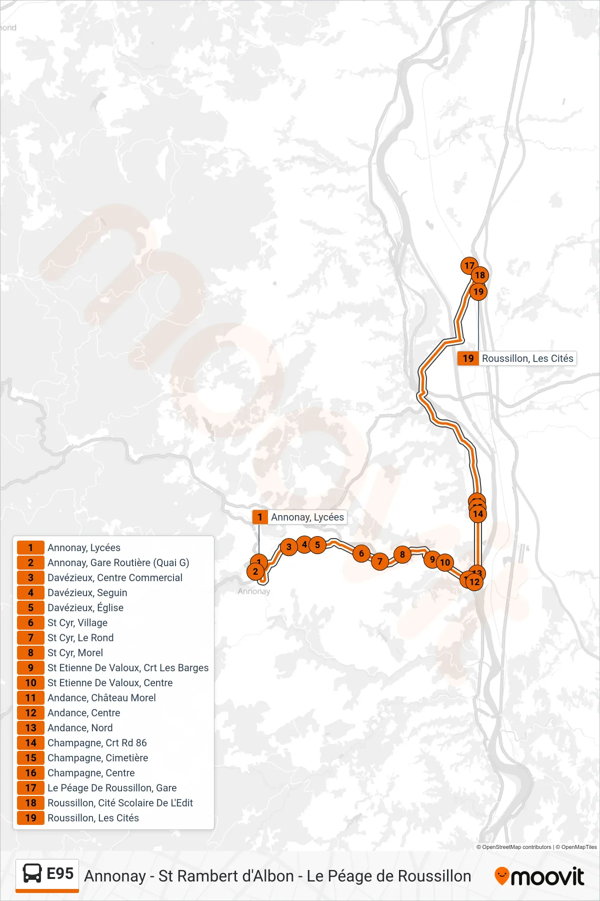 E95 bus Line (Roussillon Les Cités via Péage De Roussillon Gare) route and stops on a map