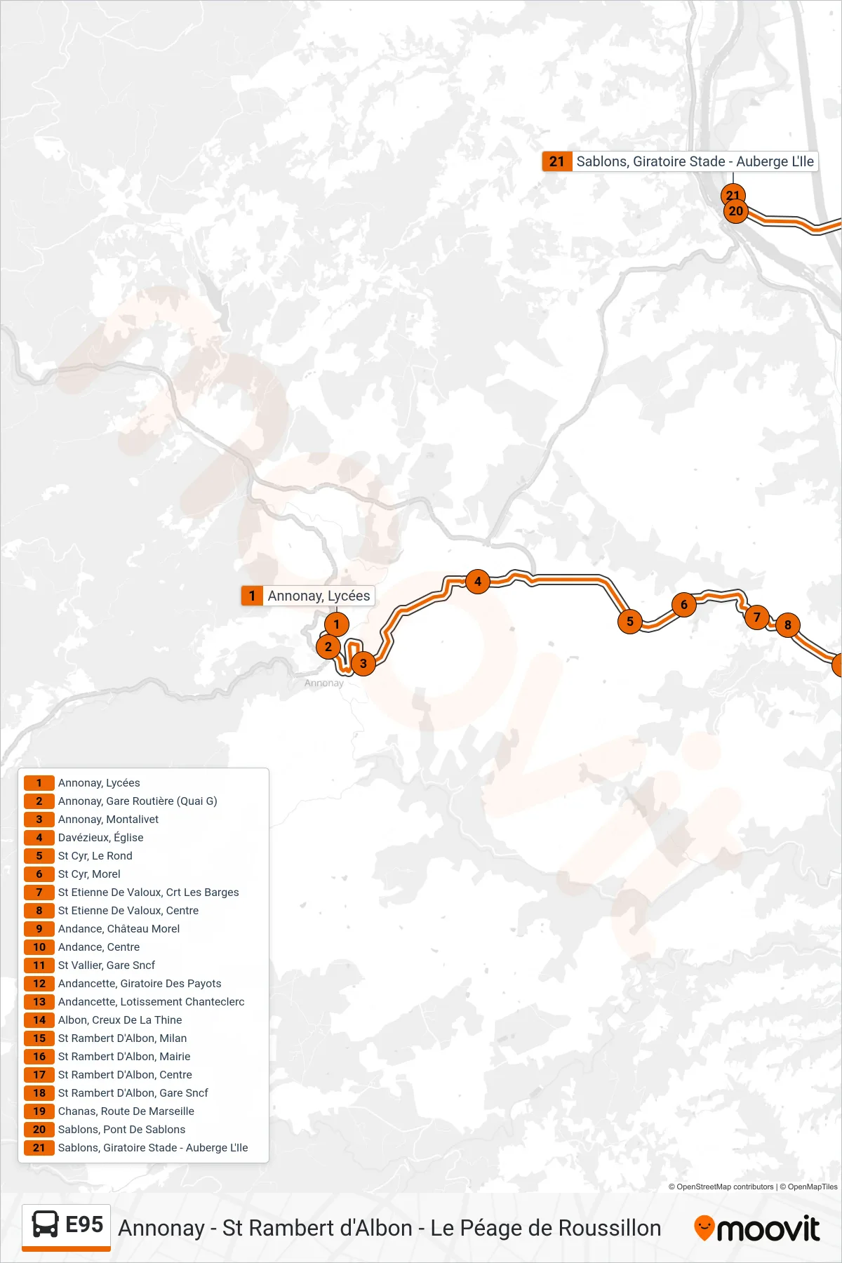 E95 bus Line (Sablons Centre via Chanas Route de Marseille) route and stops on a map