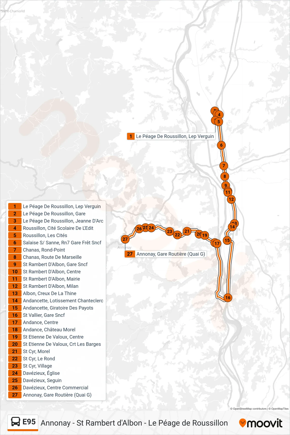 E95 bus Line (Annonay Gare Routière) route and stops on a map