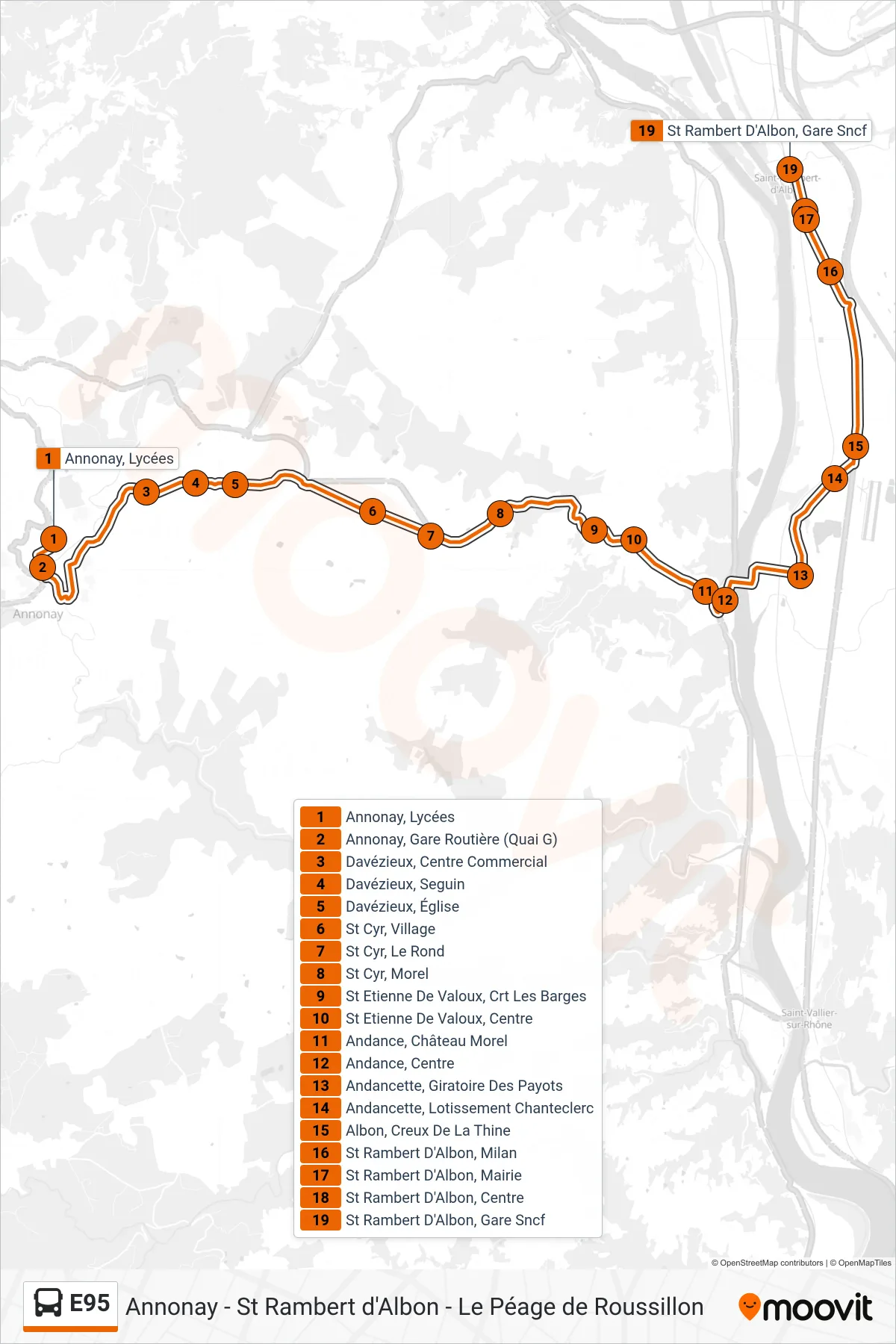 E95 bus Line (St Rambert D'Albon Gare) route and stops on a map