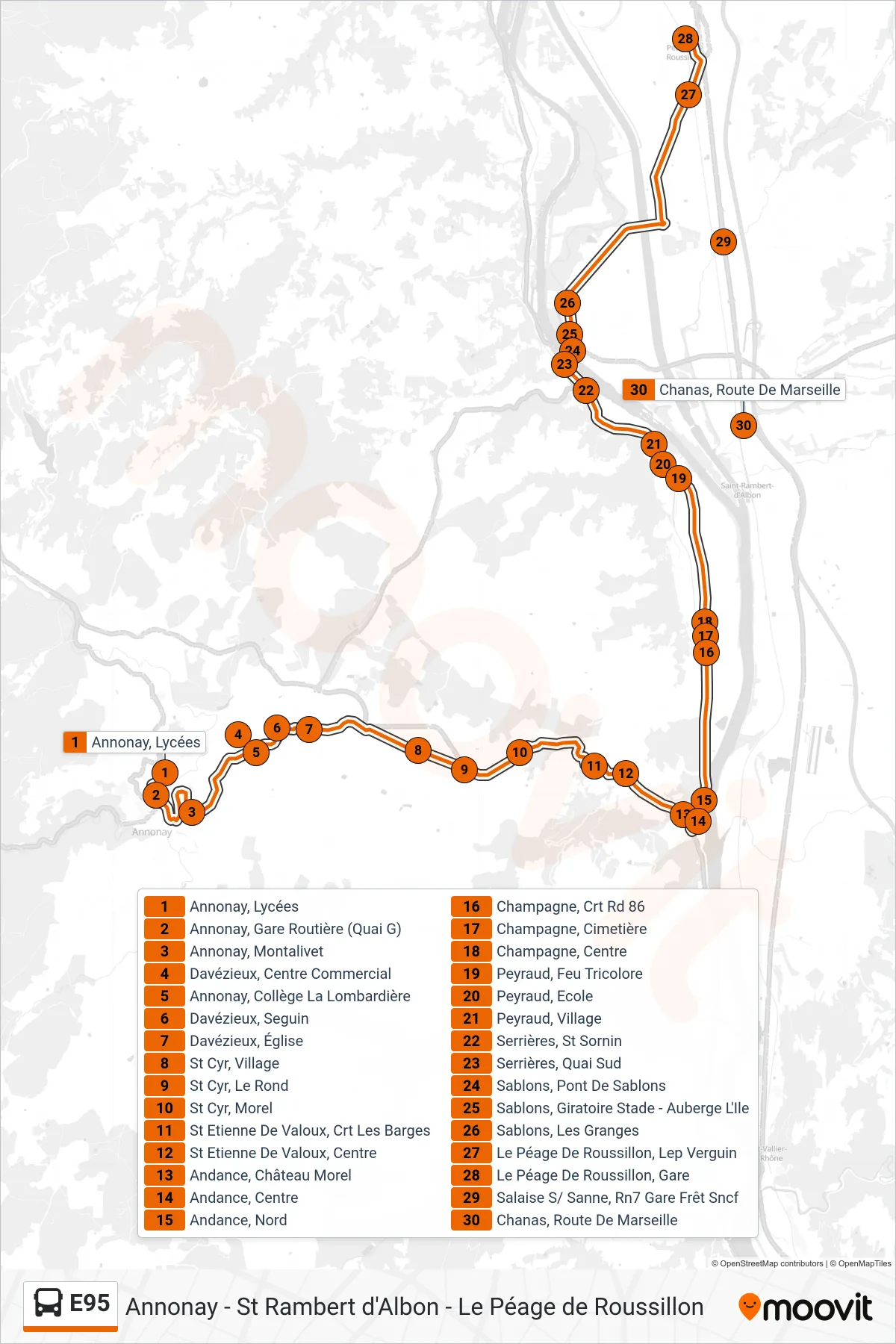 E95 bus Line (Péage de Roussillon Gare) route and stops on a map
