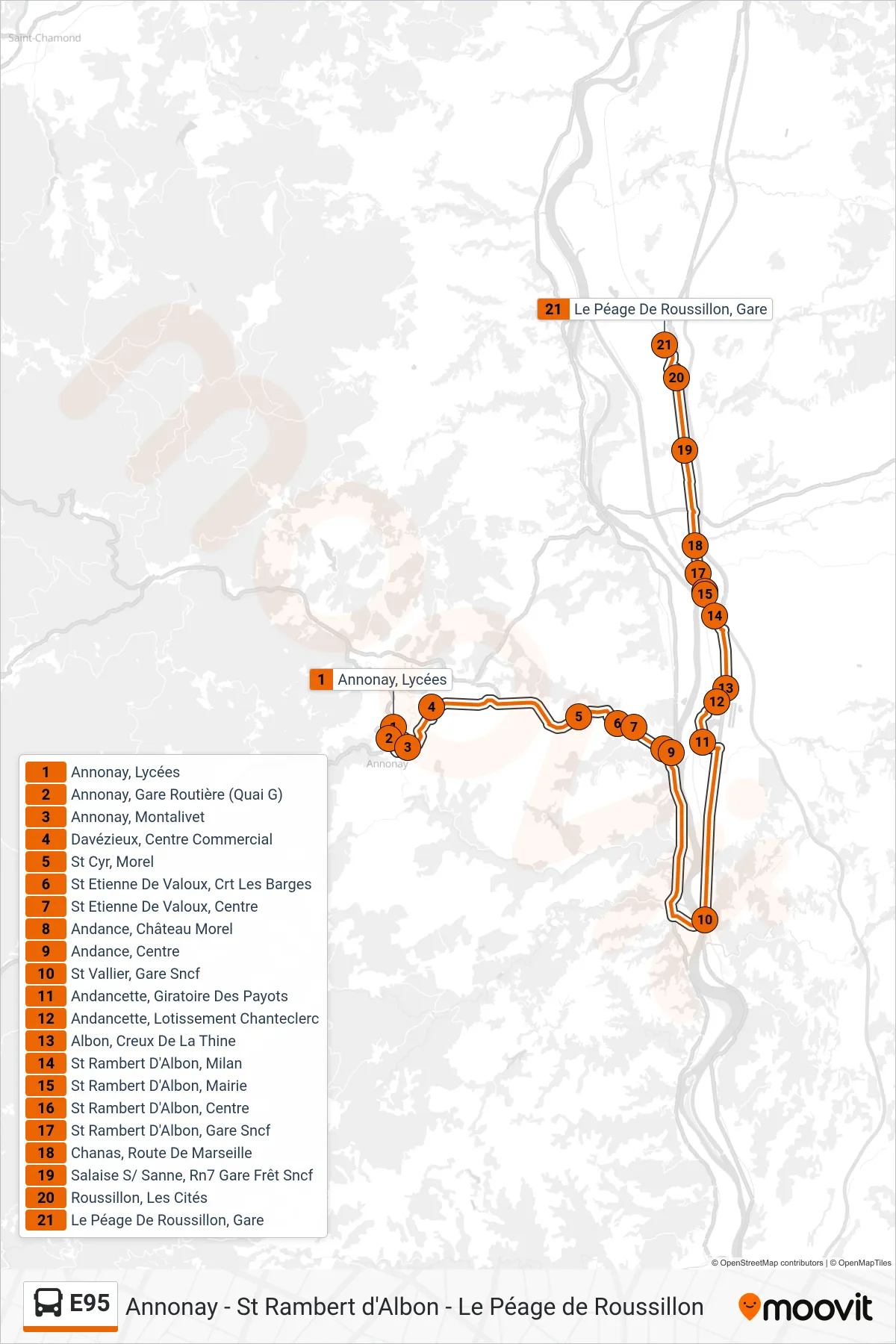E95 bus Line (Péage de Roussillon Gare via St Rambert d'Albon) route and stops on a map