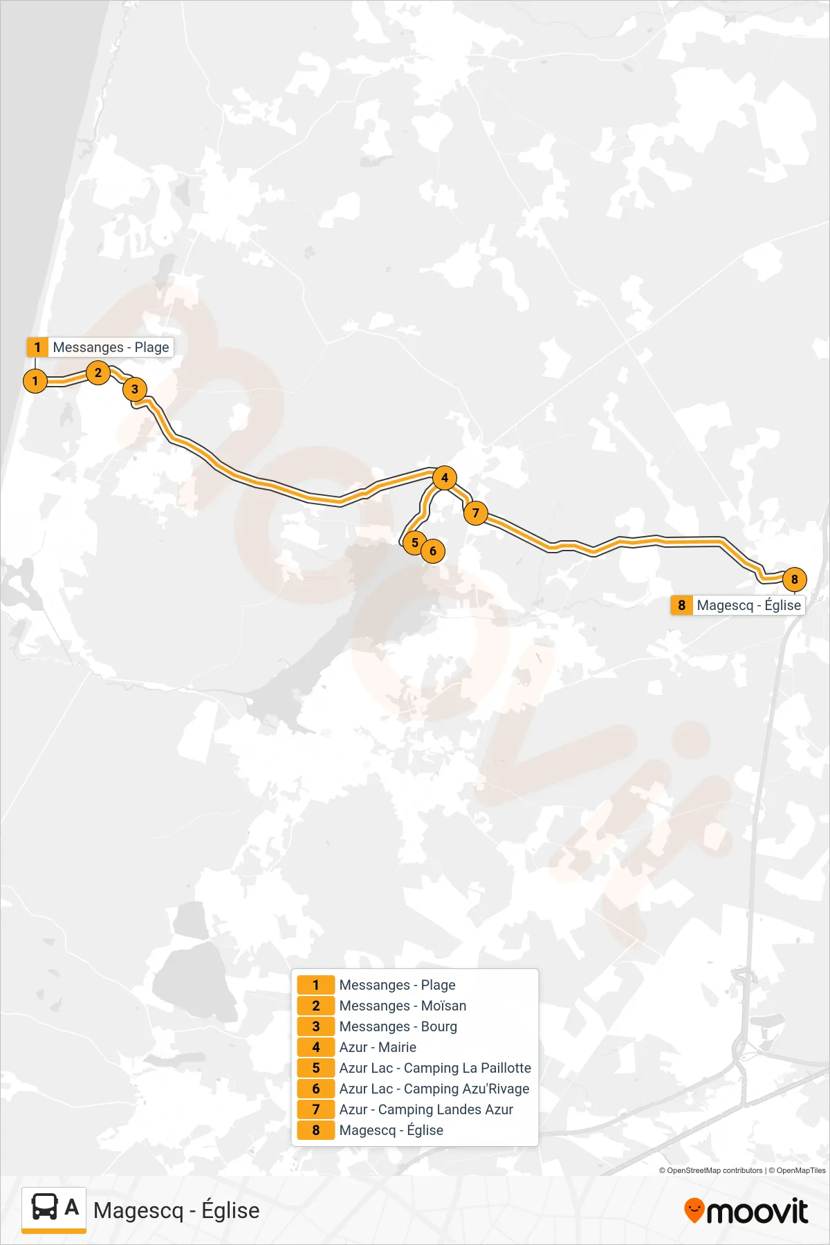 Tracé et arrêts de la ligne A de bus (Magescq - Église) sur une carte