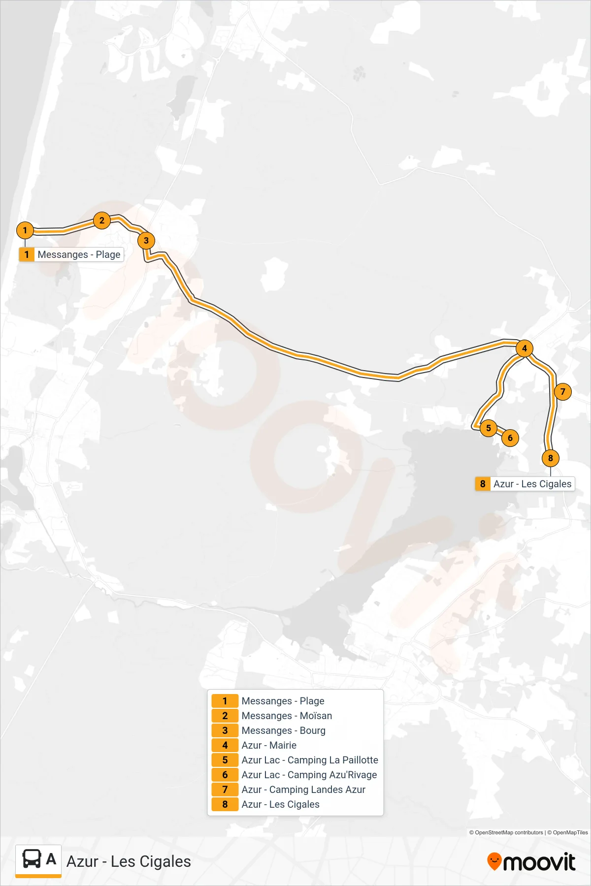 A bus Line (Azur - Les Cigales) route and stops on a map