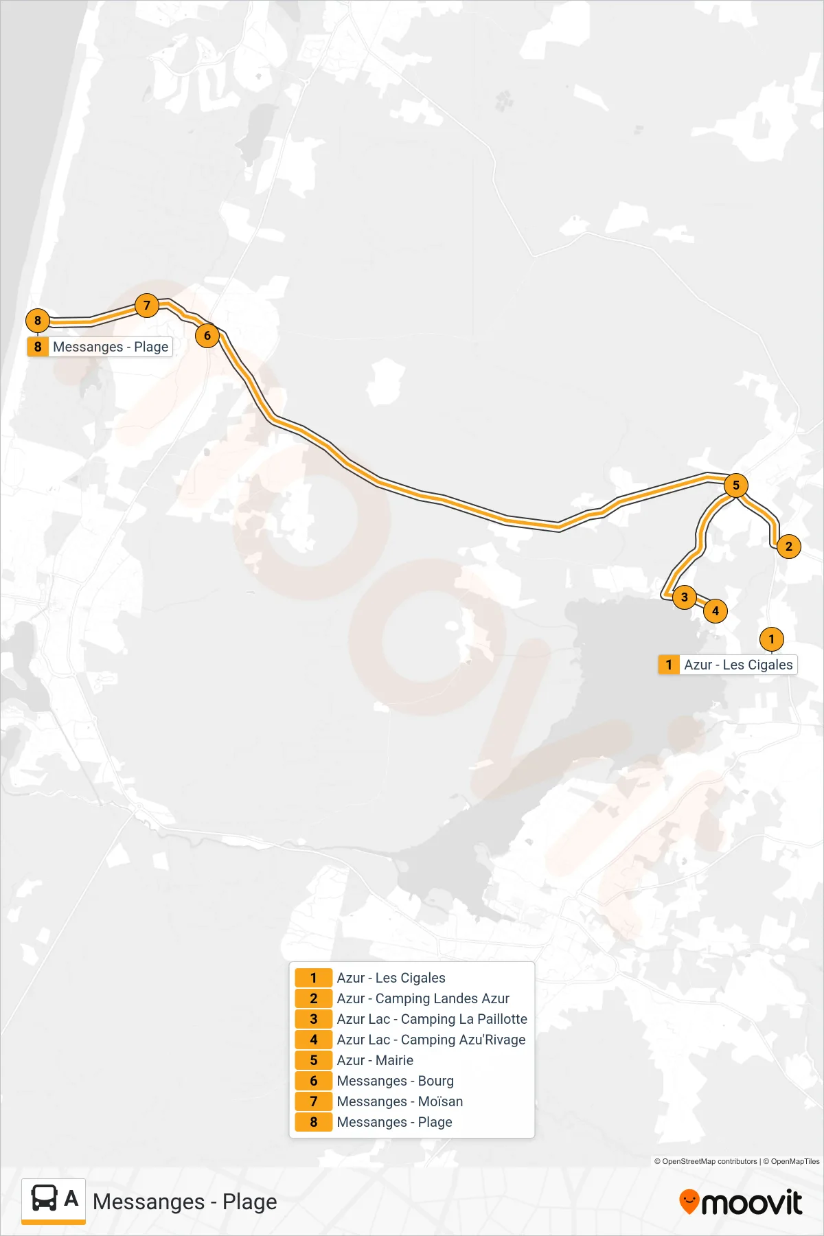 A bus Line (Messanges - Plage) route and stops on a map