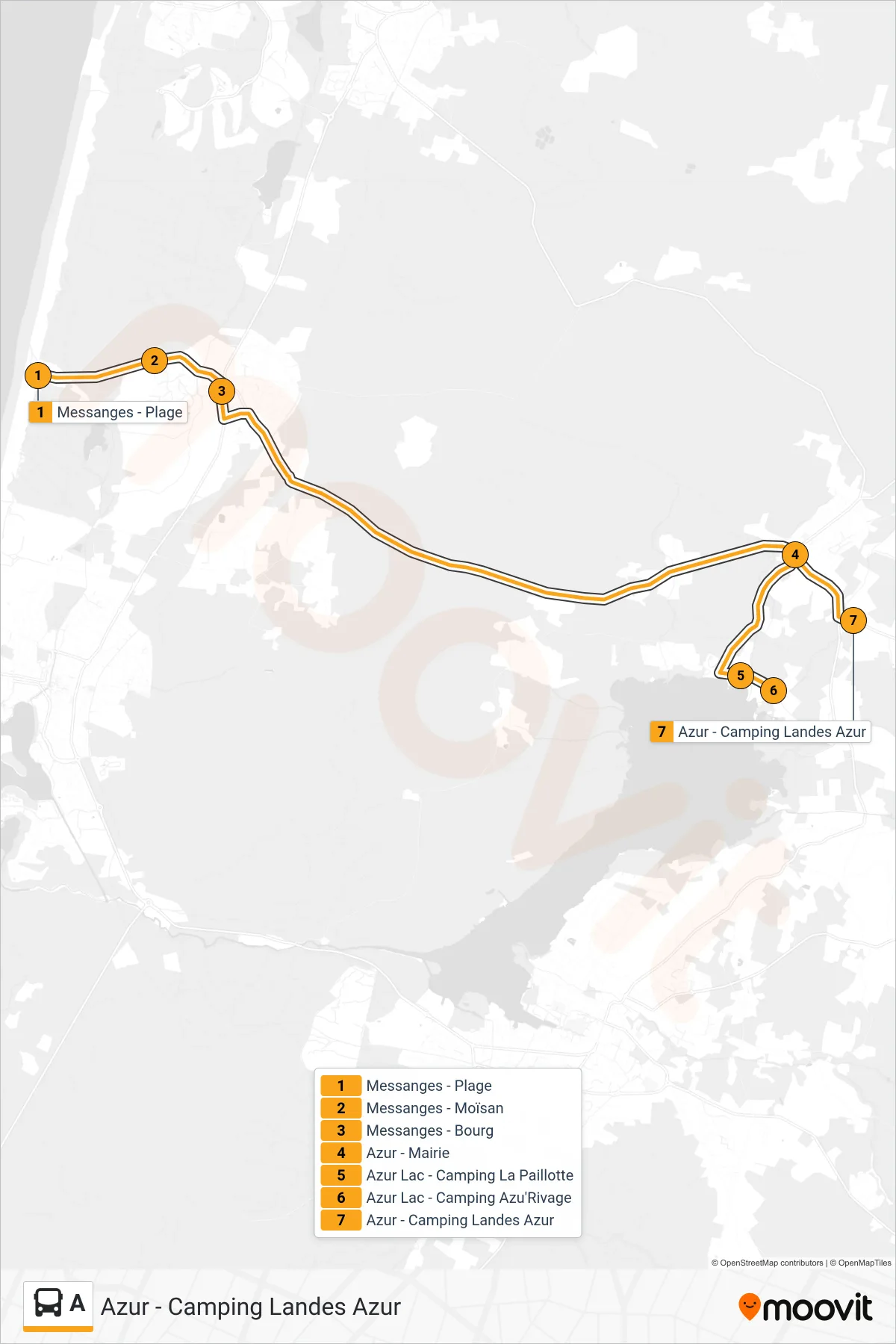 A bus Line (Azur - Camping Landes Azur) route and stops on a map