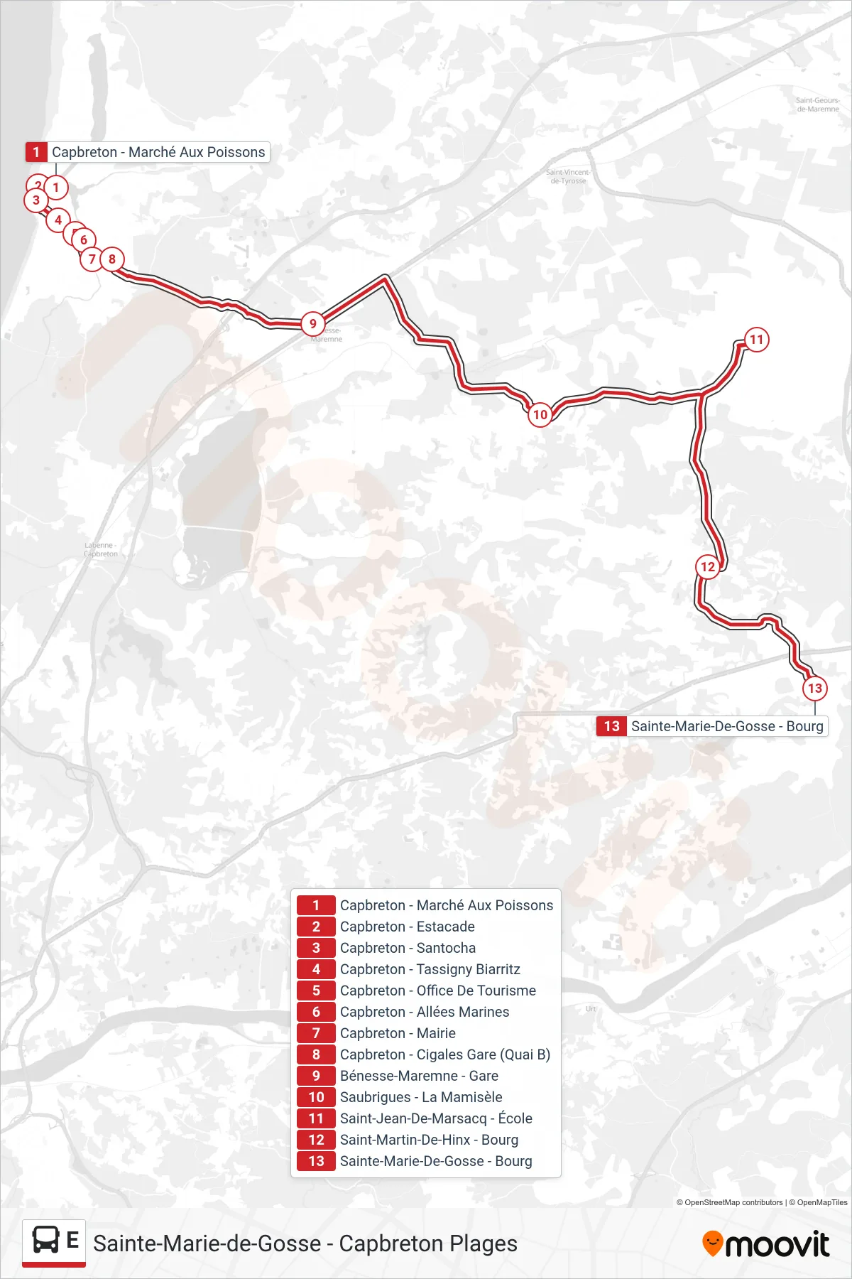 Tracé et arrêts de la ligne E de bus (Sainte-Marie-De-Gosse - Bourg) sur une carte