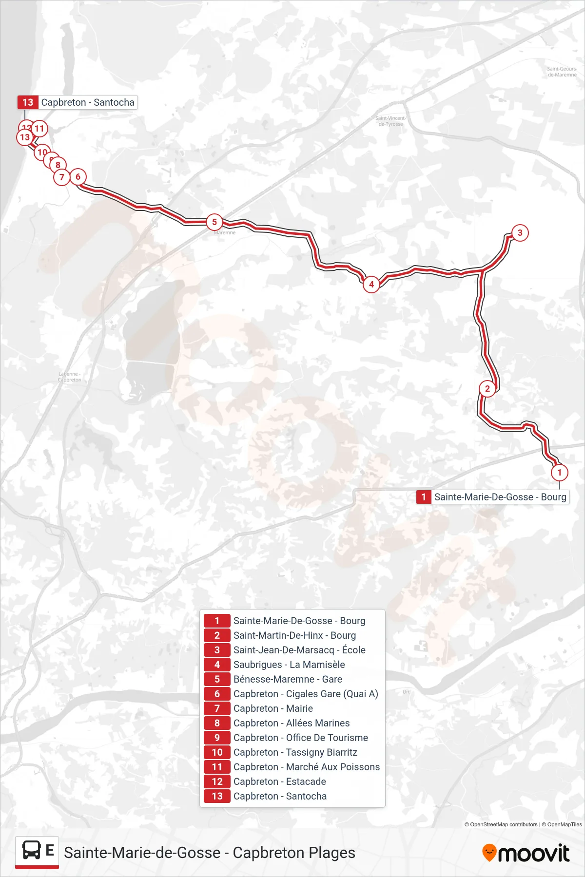 Tracé et arrêts de la ligne E de bus (Capbreton - Santocha) sur une carte
