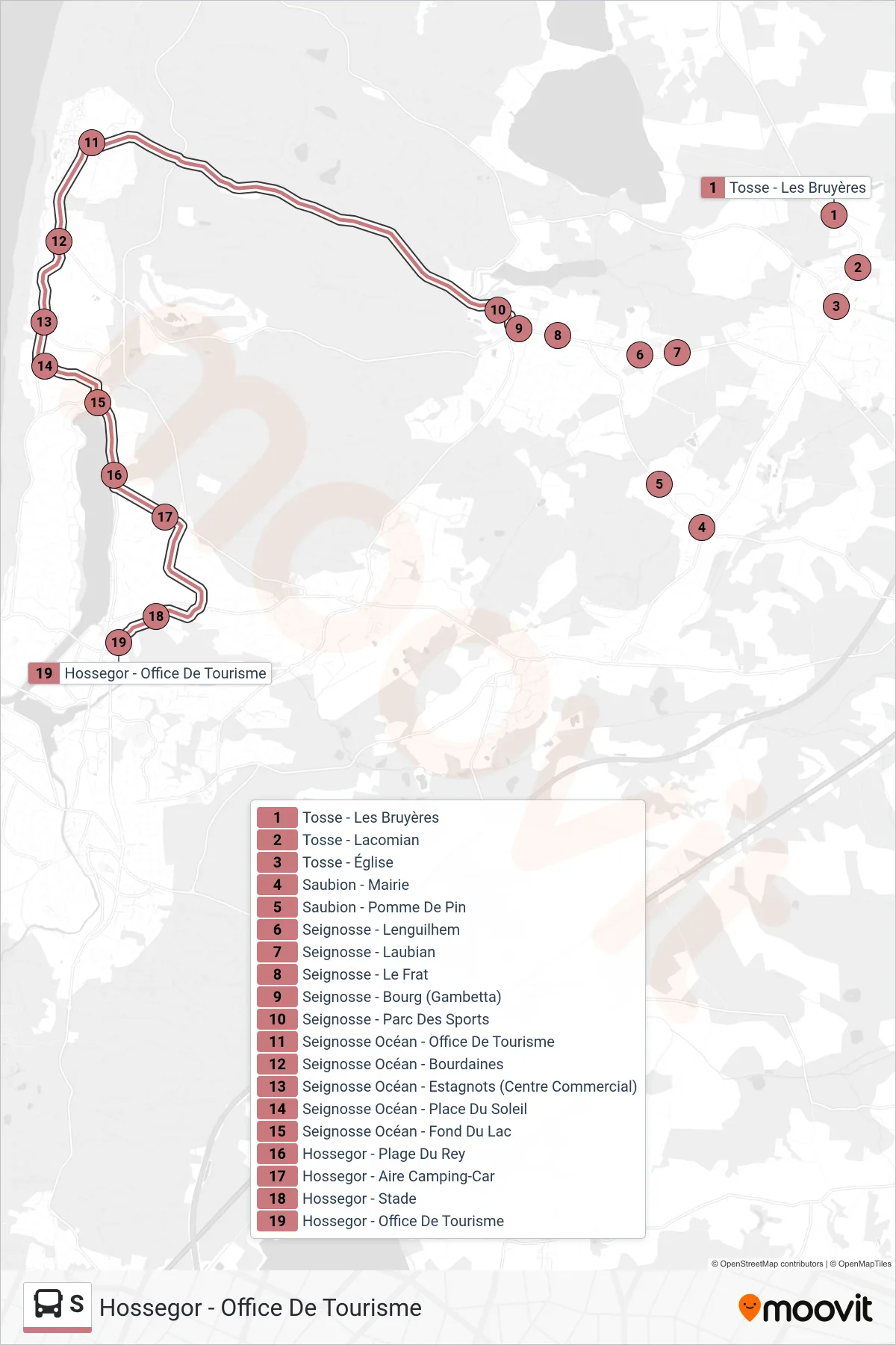 Tracé et arrêts de la ligne S de bus (Hossegor - Office De Tourisme) sur une carte
