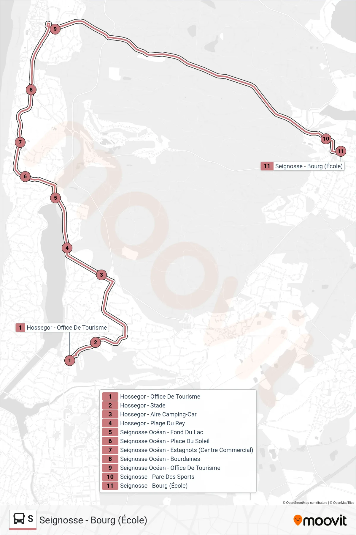 Tracé et arrêts de la ligne S de bus (Seignosse - Bourg (École)) sur une carte