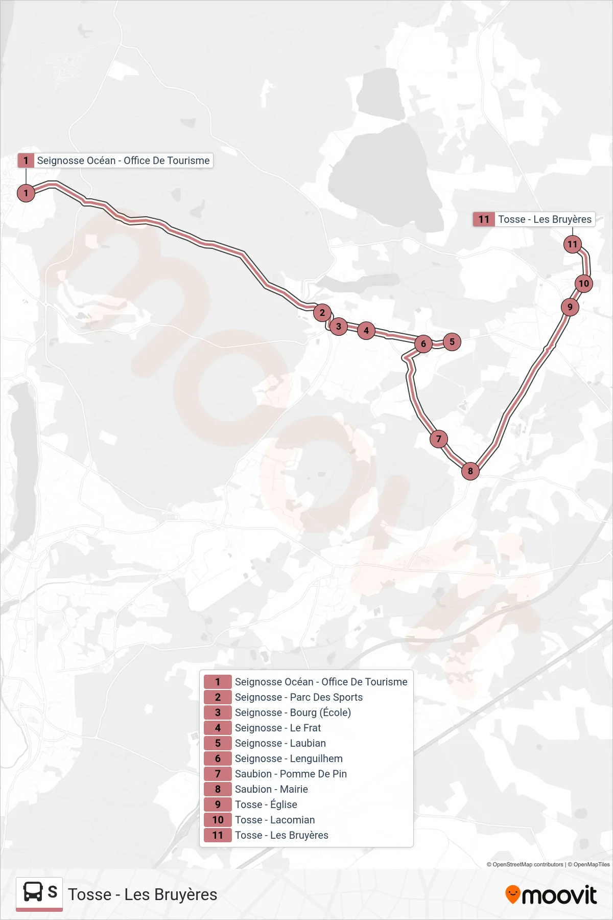 S bus Line (Tosse - Les Bruyères) route and stops on a map