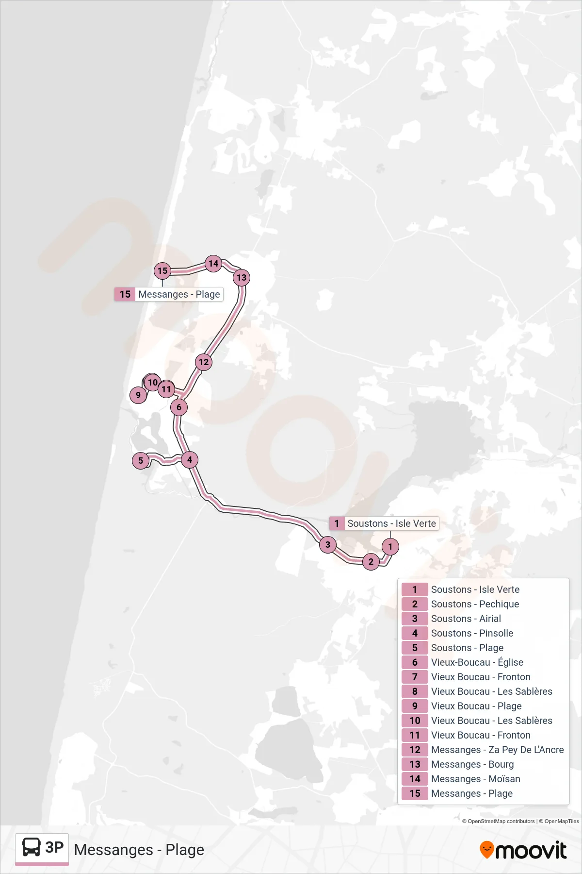 Tracé et arrêts de la ligne 3P de bus (Messanges - Plage) sur une carte
