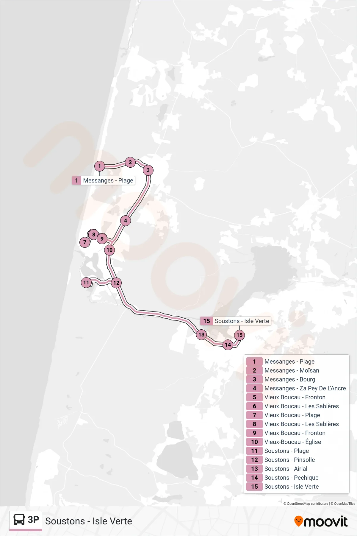 3P bus Line (Soustons - Isle Verte) route and stops on a map