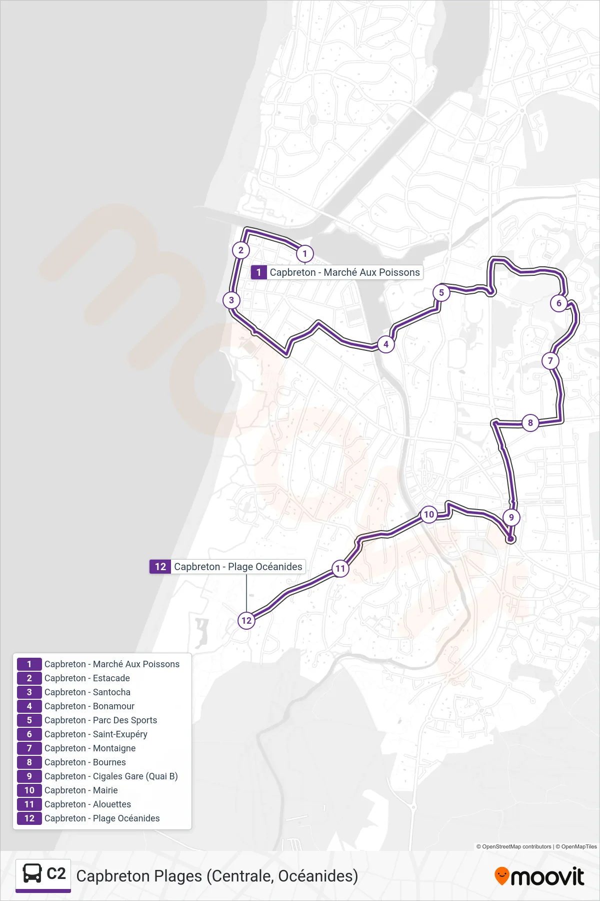 Tracé et arrêts de la ligne C2 de bus (Capbreton - Plage Océanides) sur une carte