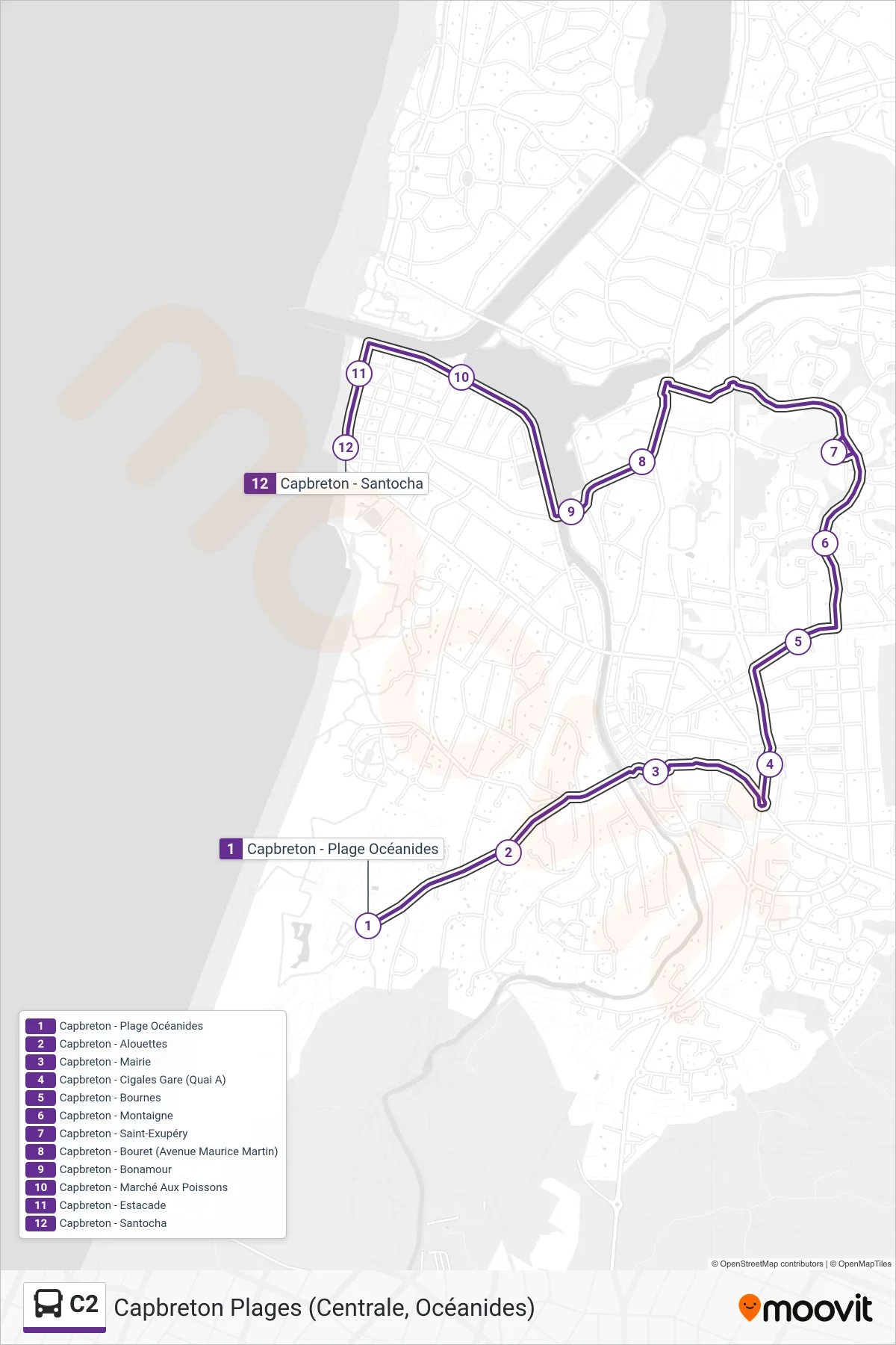 C2 bus Line (Capbreton - Estacade) route and stops on a map