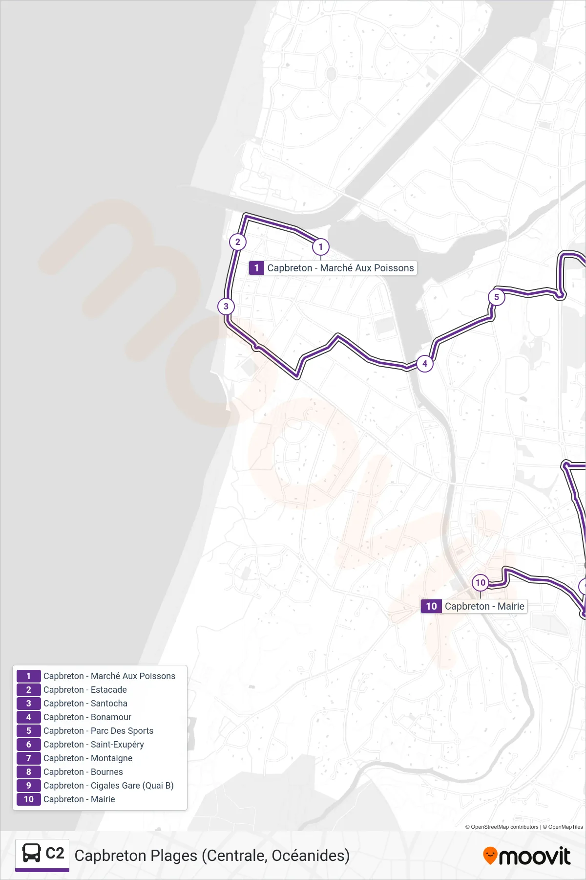 Tracé et arrêts de la ligne C2 de bus (Capbreton - Mairie) sur une carte