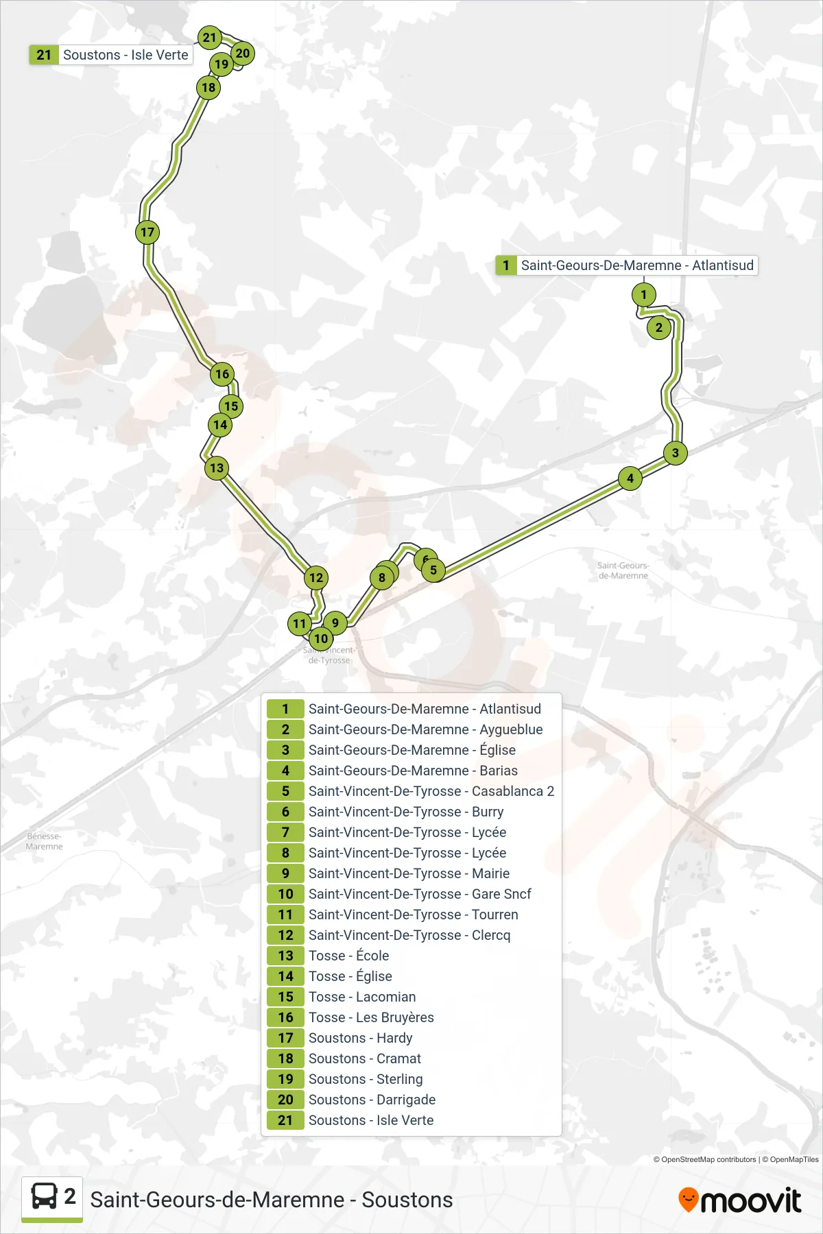 2 bus Line (Soustons - Isle Verte) route and stops on a map