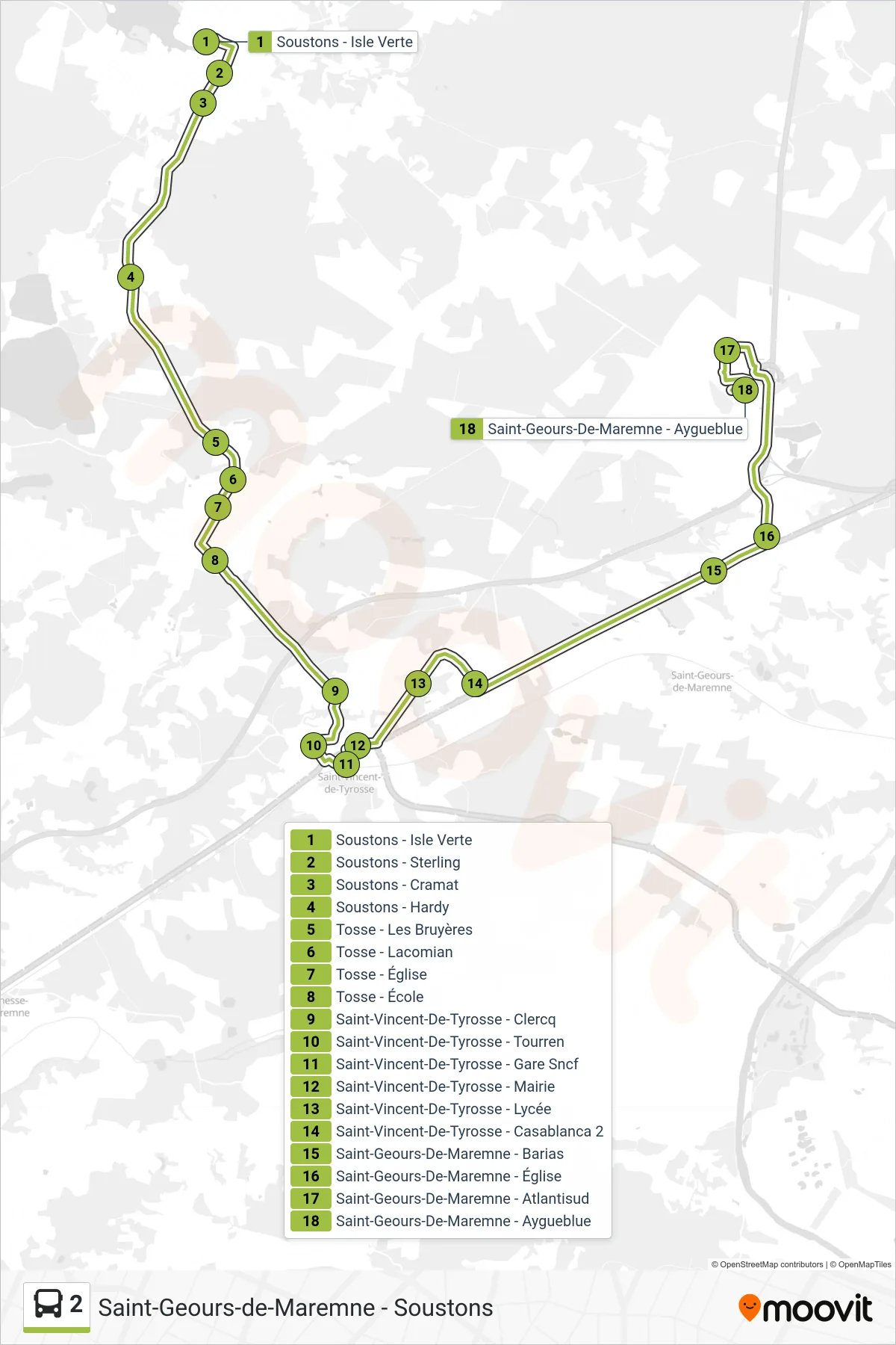2 bus Line (Saint-Geours-De-Maremne - Aygueblue) route and stops on a map
