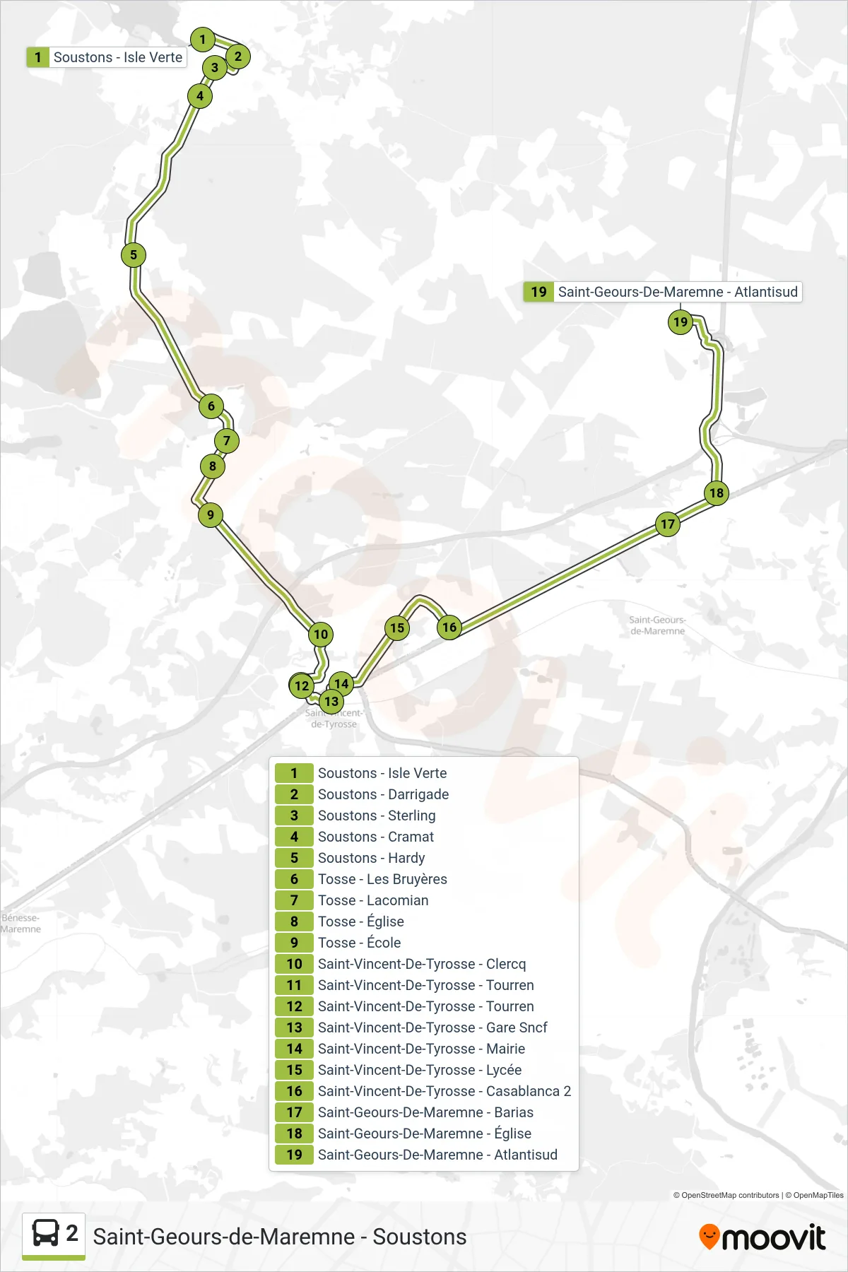 2 bus Line (Saint-Geours-De-Maremne - Atlantisud) route and stops on a map