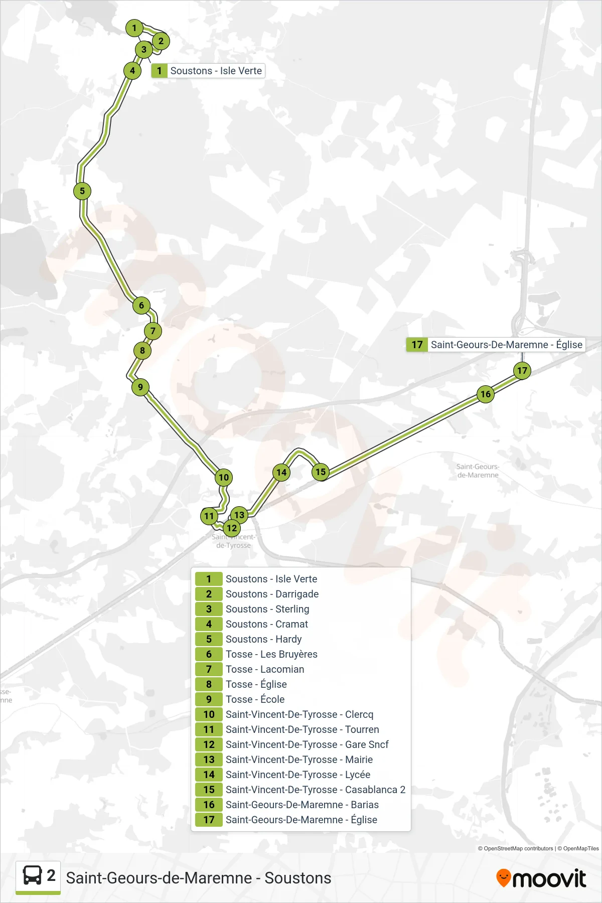 Tracé et arrêts de la ligne 2 de bus (Saint-Geours-De-Maremne - Église) sur une carte