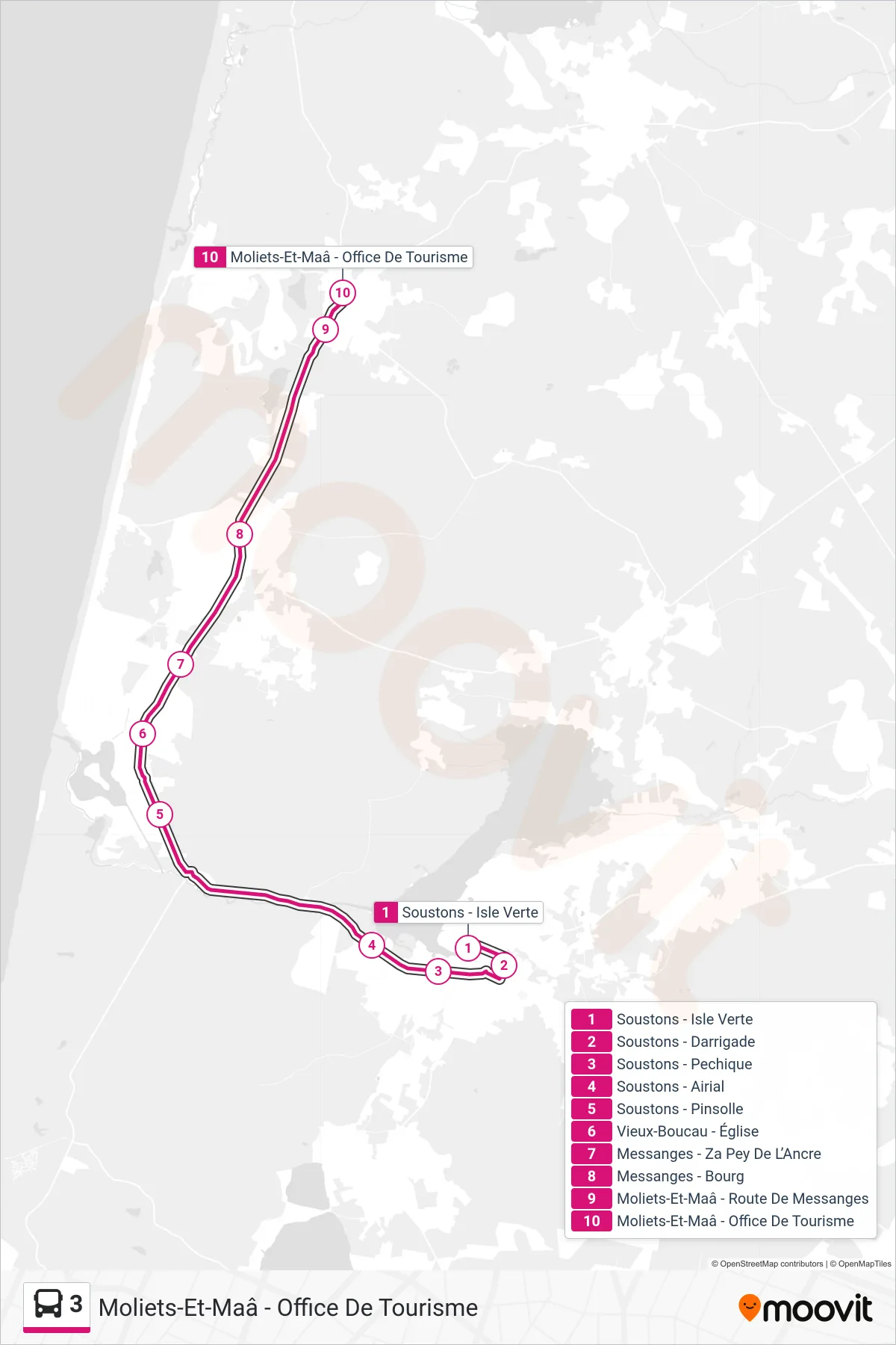 3 bus Line (Moliets-Et-Maâ - Office De Tourisme) route and stops on a map