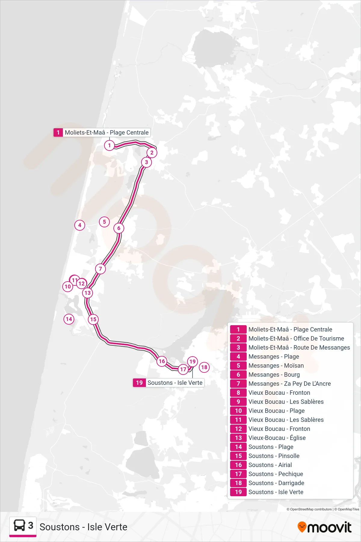 Tracé et arrêts de la ligne 3 de bus (Soustons - Isle Verte) sur une carte