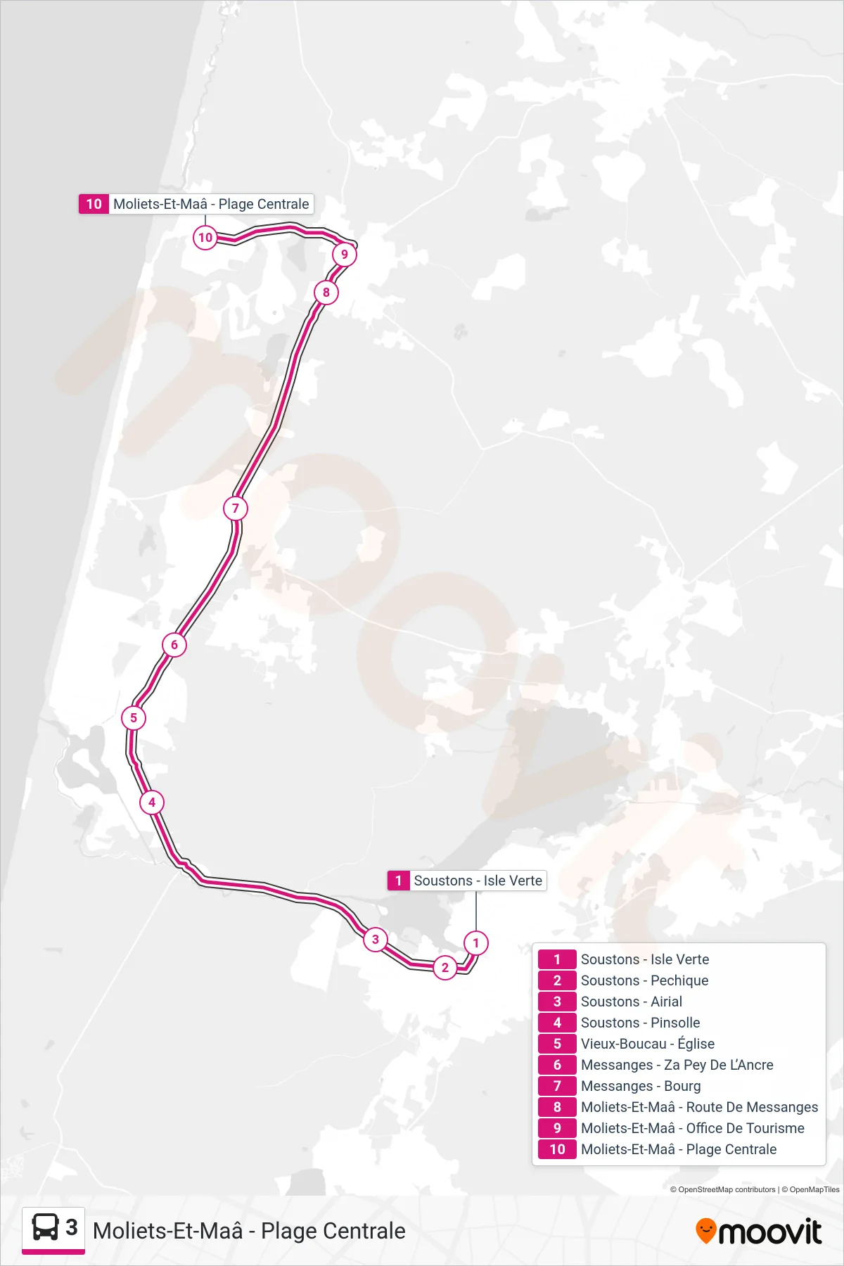 3 bus Line (Moliets-Et-Maâ - Plage Centrale) route and stops on a map