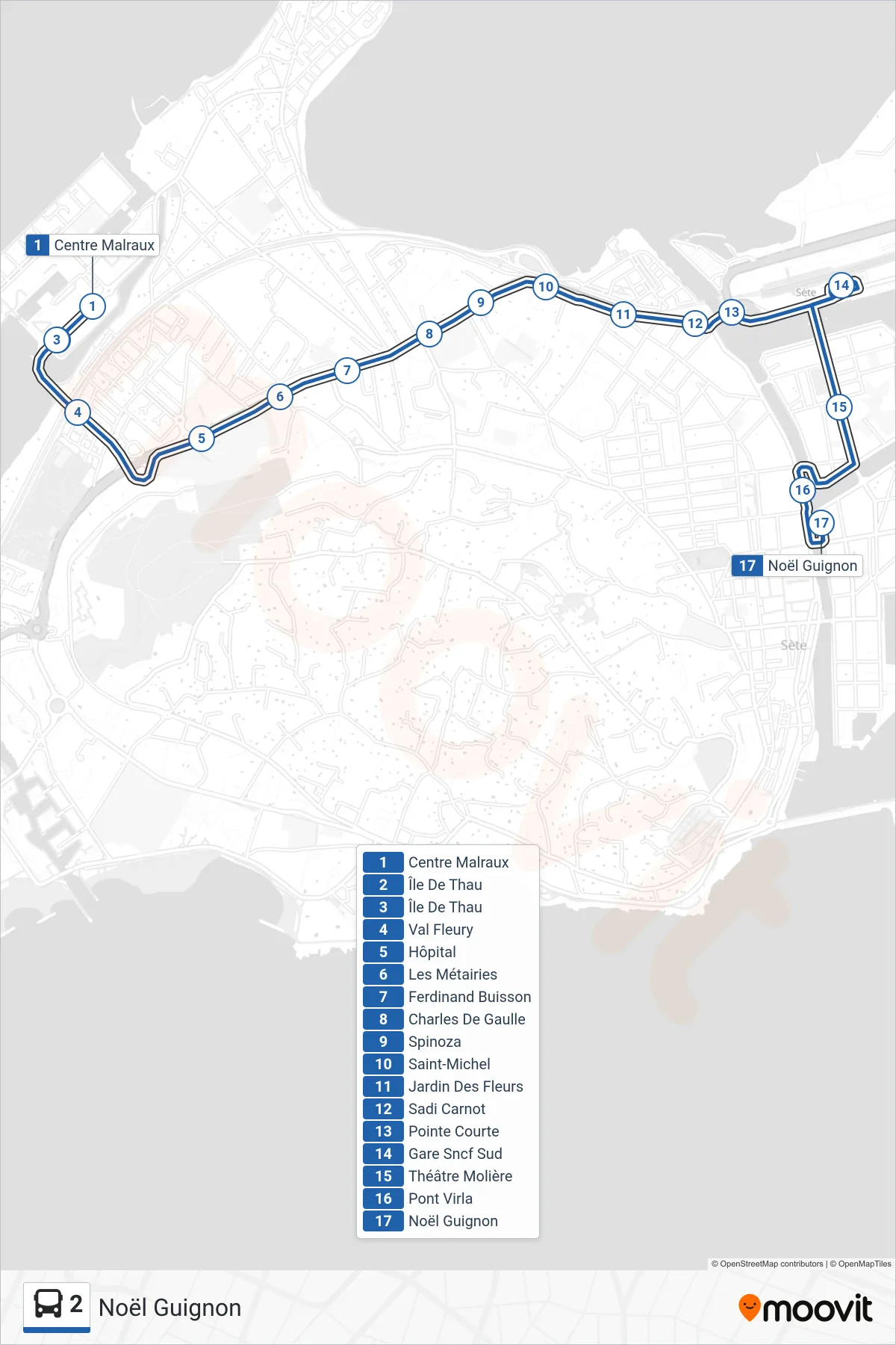 2 bus Line (Noël Guignon) route and stops on a map