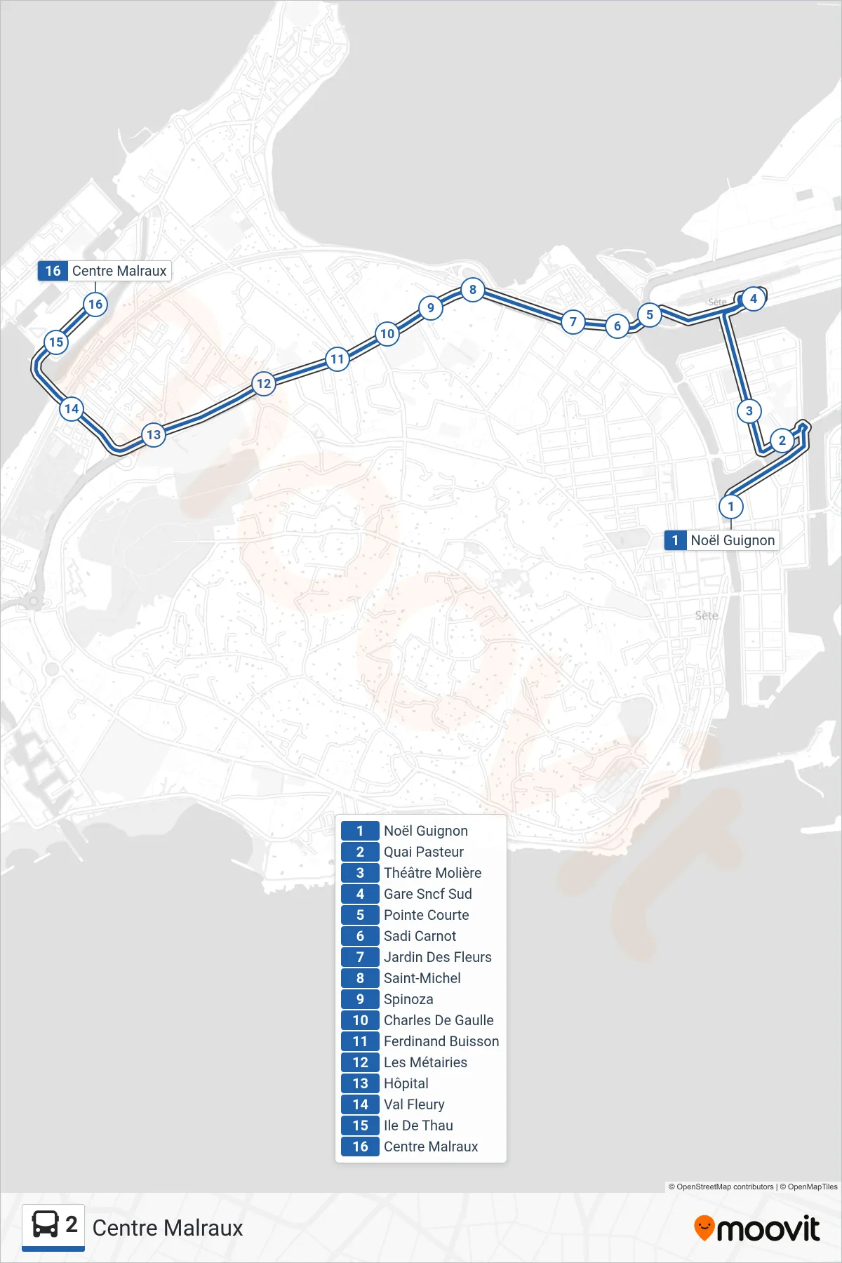 Tracé et arrêts de la ligne 2 de bus (Centre Malraux) sur une carte