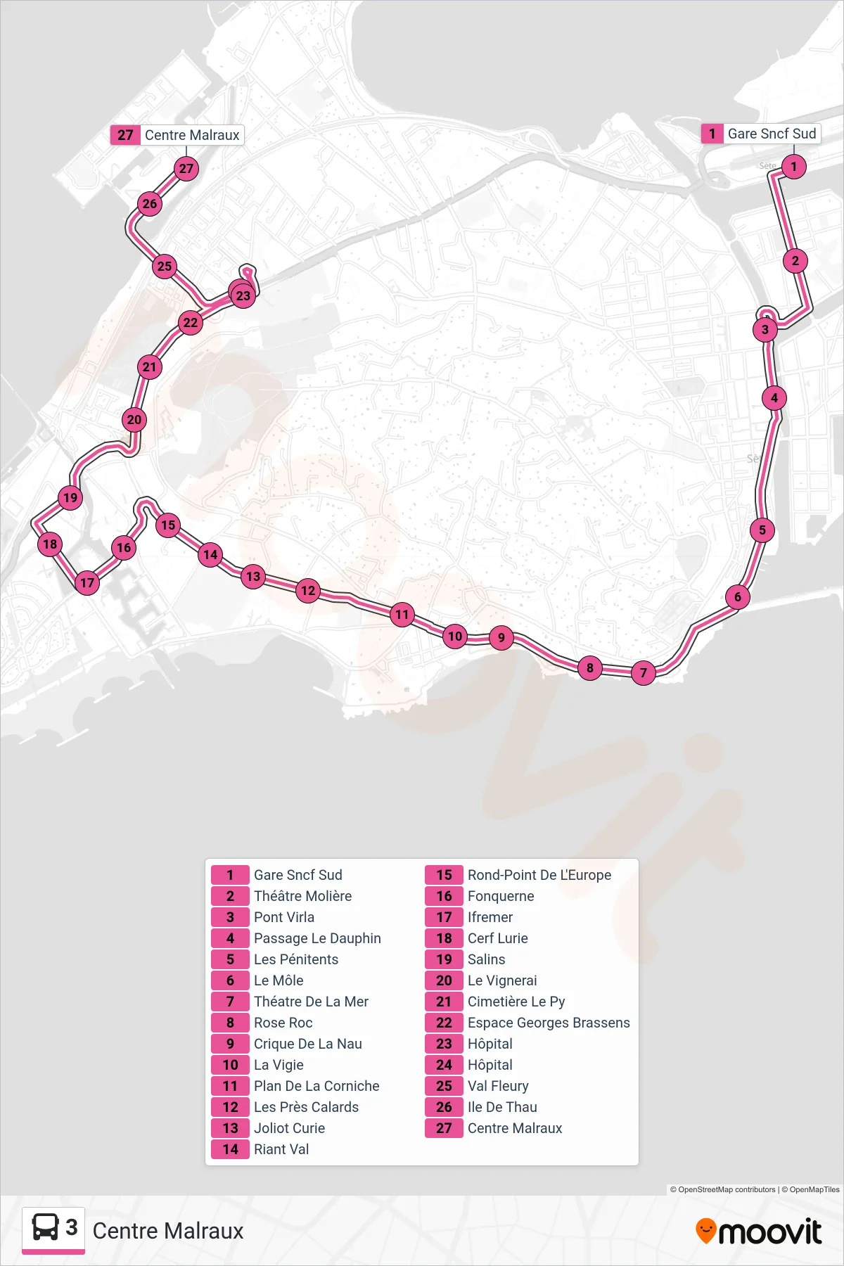 Tracé et arrêts de la ligne 3 de bus (Centre Malraux) sur une carte