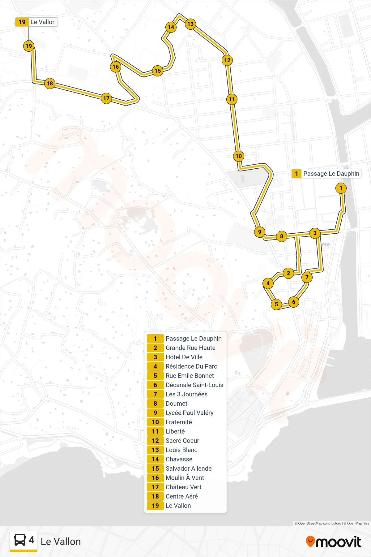 Tracé et arrêts de la ligne 4 de bus (Le Vallon) sur une carte