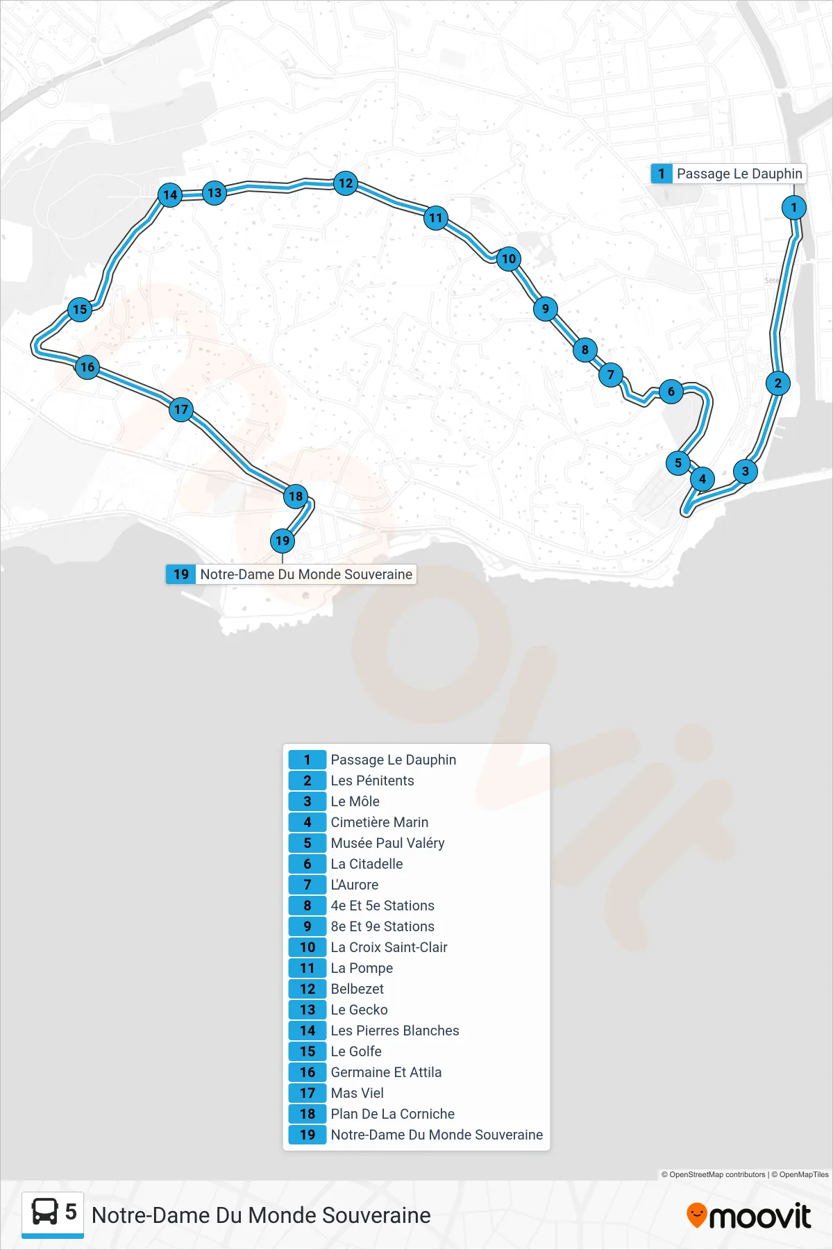 Tracé et arrêts de la ligne 5 de bus (Notre-Dame Du Monde Souveraine) sur une carte