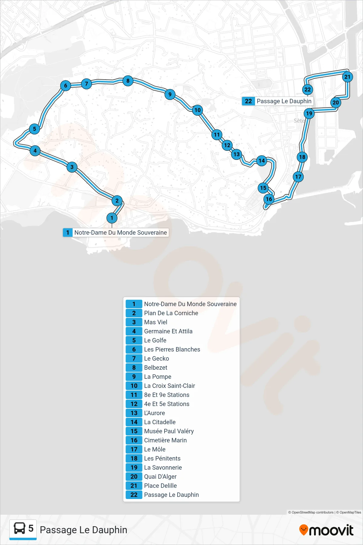 Recorrido y paradas de la línea 5 de autobús (Passage Le Dauphin) en el mapa