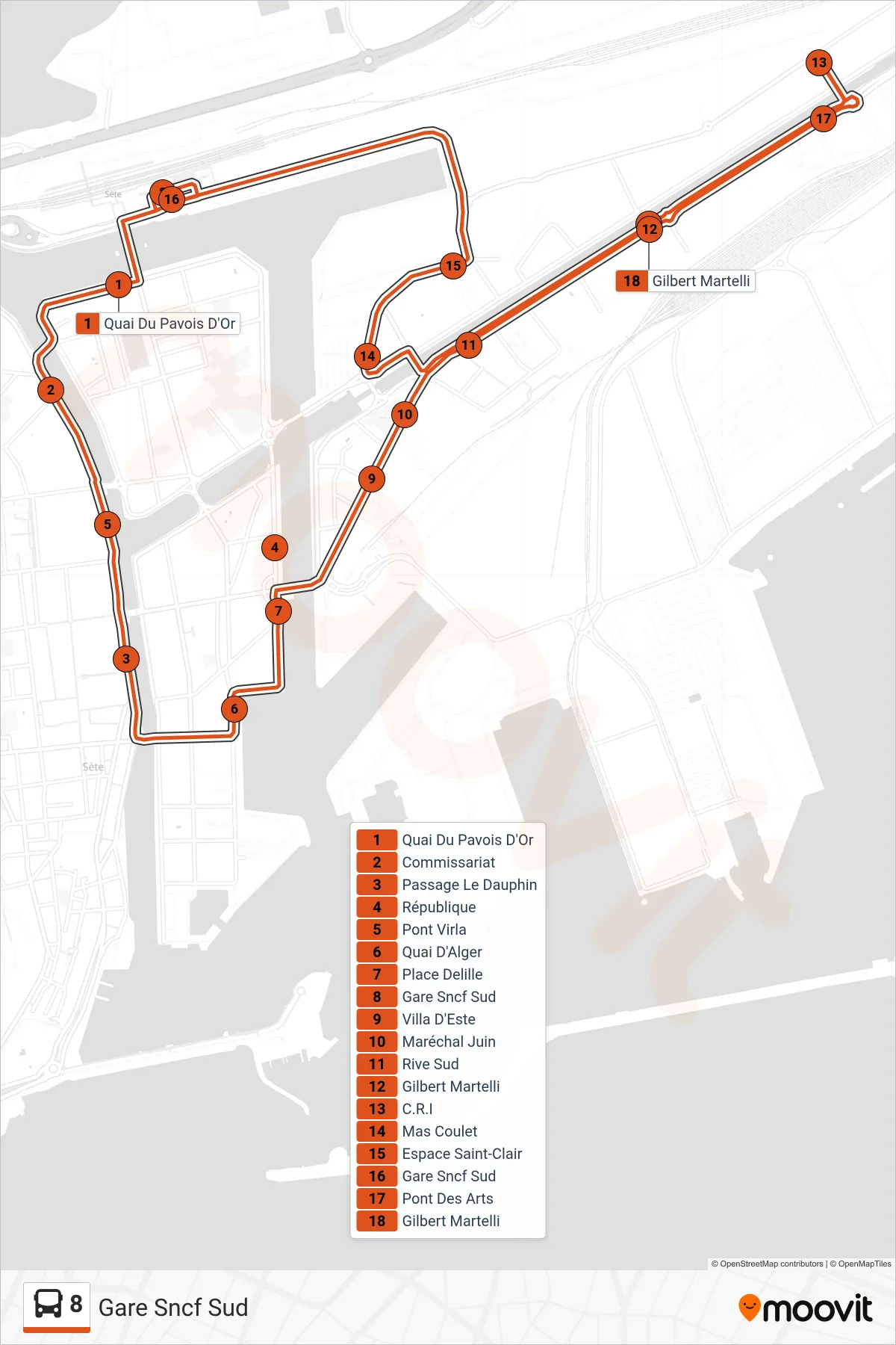 Tracé et arrêts de la ligne 8 de bus (Gare Sncf Sud) sur une carte